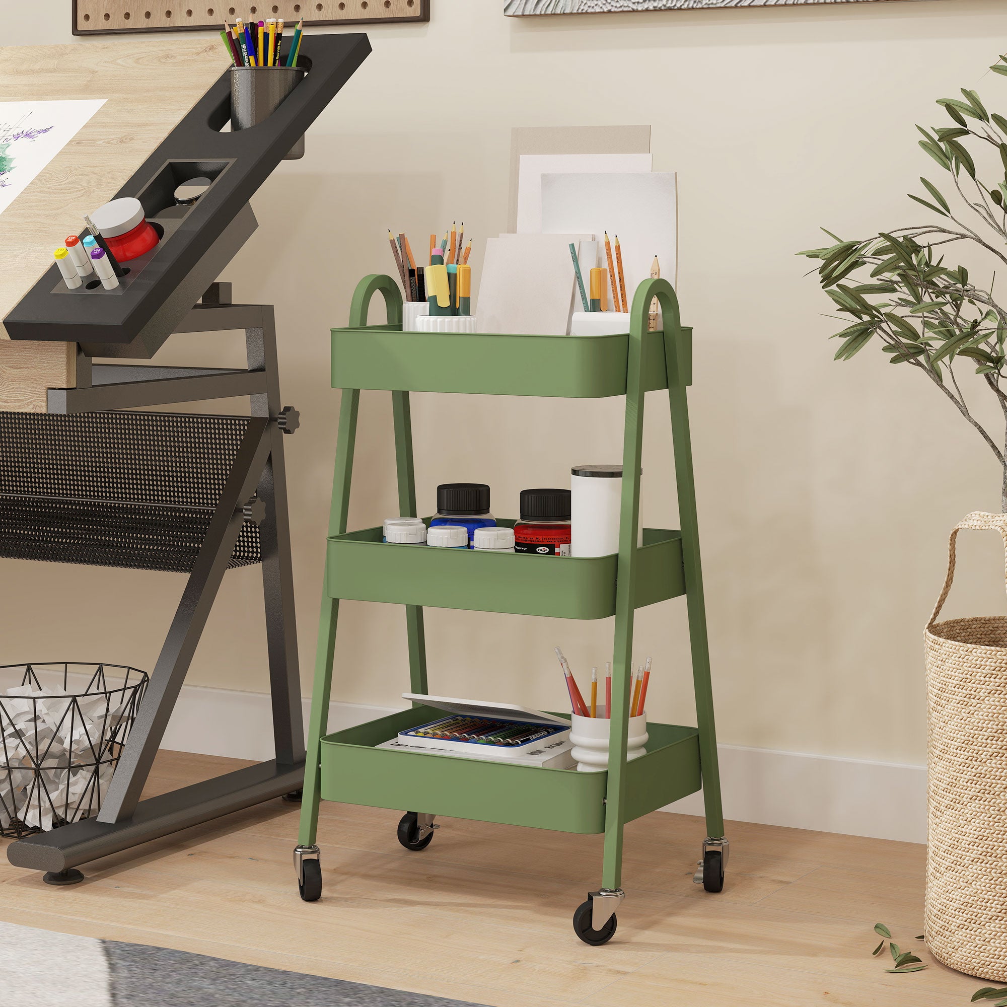 HOMCOM Three-Tier Storage Trolley - Green - North Peak Garden Furniture