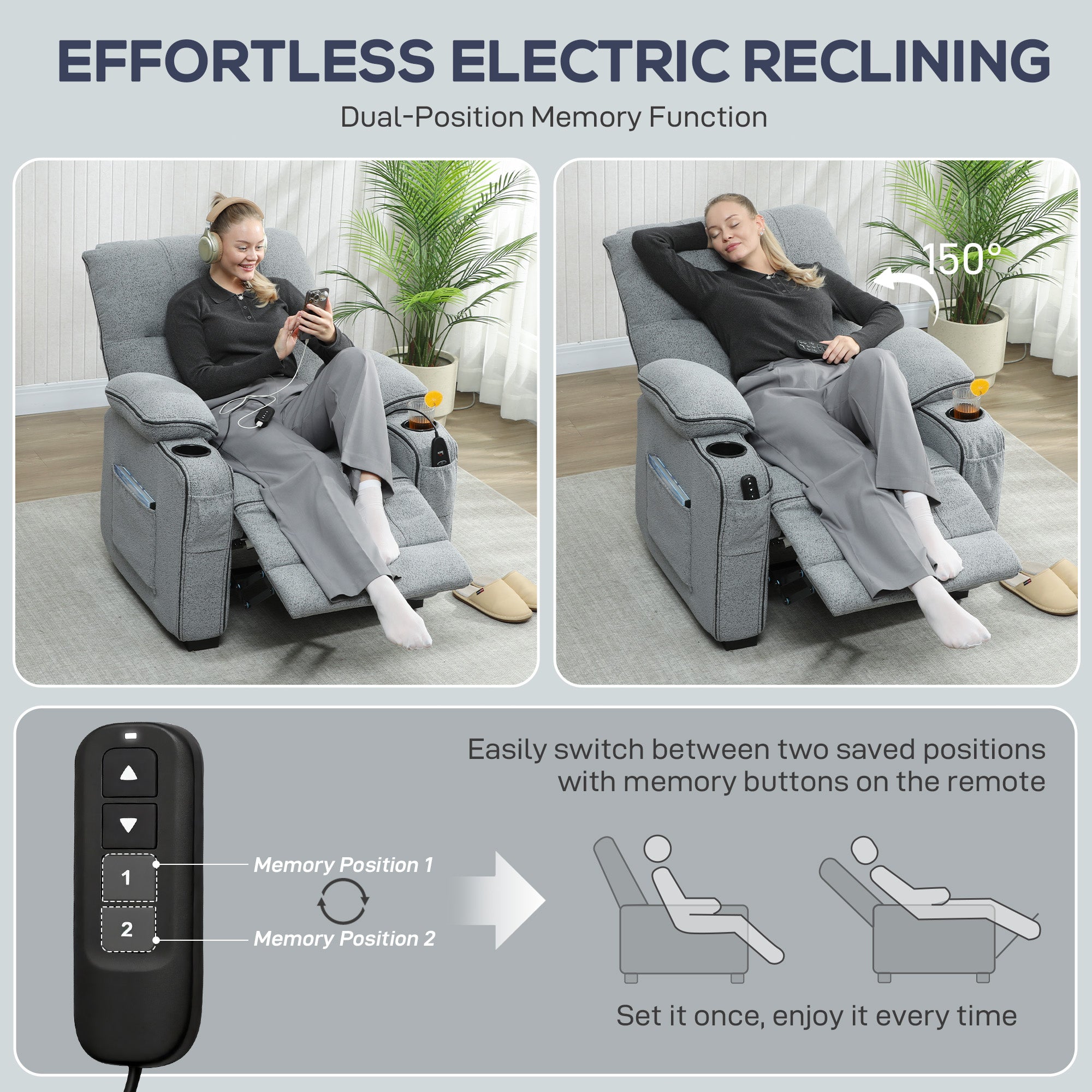 HOMCOM Electric Massage Recliner Armchair with Vibration, Heat, Whisper-Quiet Motor, Memory Function, Velvet Power Reclining Chair with Spring Pack, USB Port, Footrest, Side Pocket, Cup Holders, Grey
