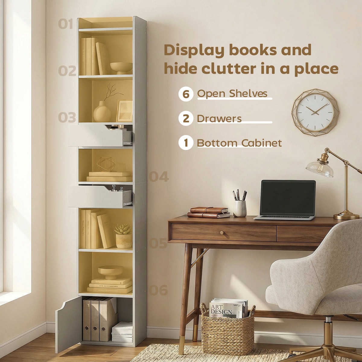 HOMCOM Bookcase Tall Narrow with 5 Tiers and Drawers Freestanding Bookshelf Storage Cabinet for Living Room Grey