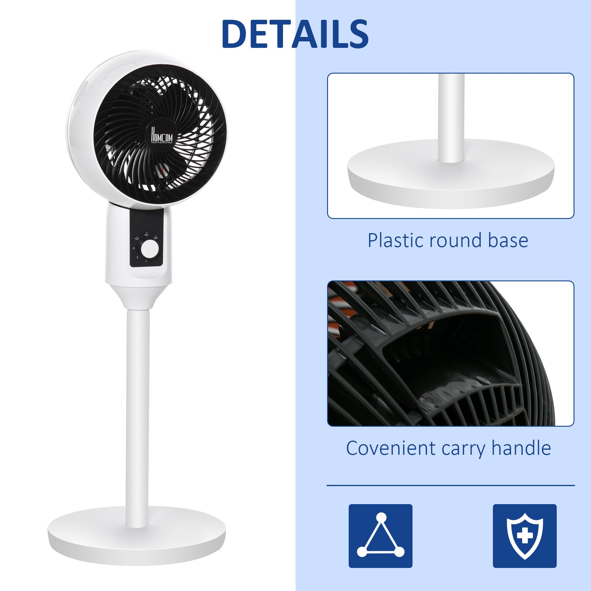 HOMCOM 9'' Air Circulator Fan 3 Speed, 70° Oscillation 90° Vertical Tilt, Carry Handle, Pedestal Fan, Air Circulator for Living Room, Bedroom, Office, White - North Peak Garden Furniture