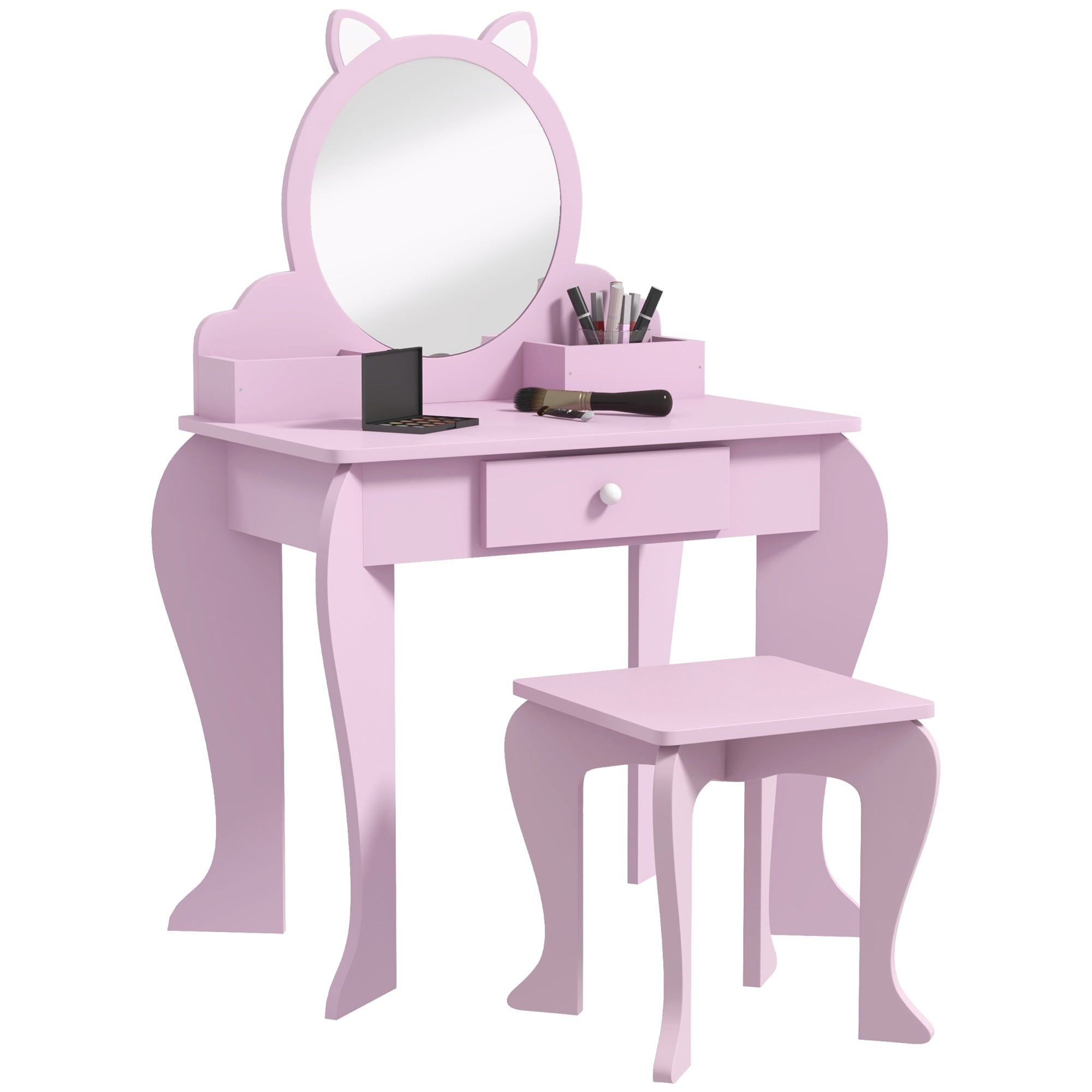 ZONEKIZ Kids Vanity Table with Mirror, Stool, Drawer, Storage Boxes, Cat Design, for Ages 3-6 Years - Pink - North Peak Garden Furniture