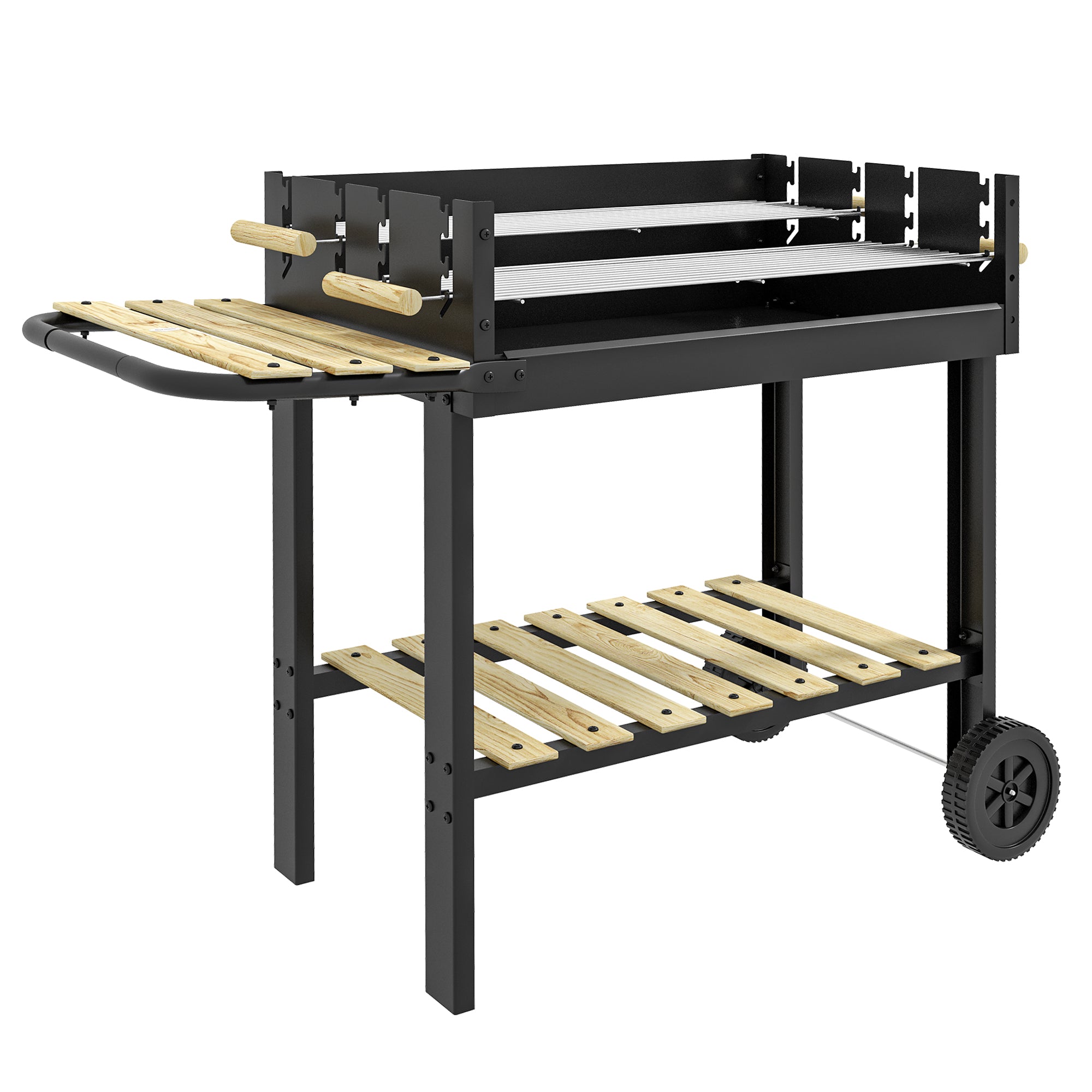 Outsunny Charcoal BBQ Grill, Barbecue Trolley with Double Adjustable Grill, Side Table, Storage Shelf and Wheels for Outdoor Garden Party Cooking, Black - North Peak Garden Furniture