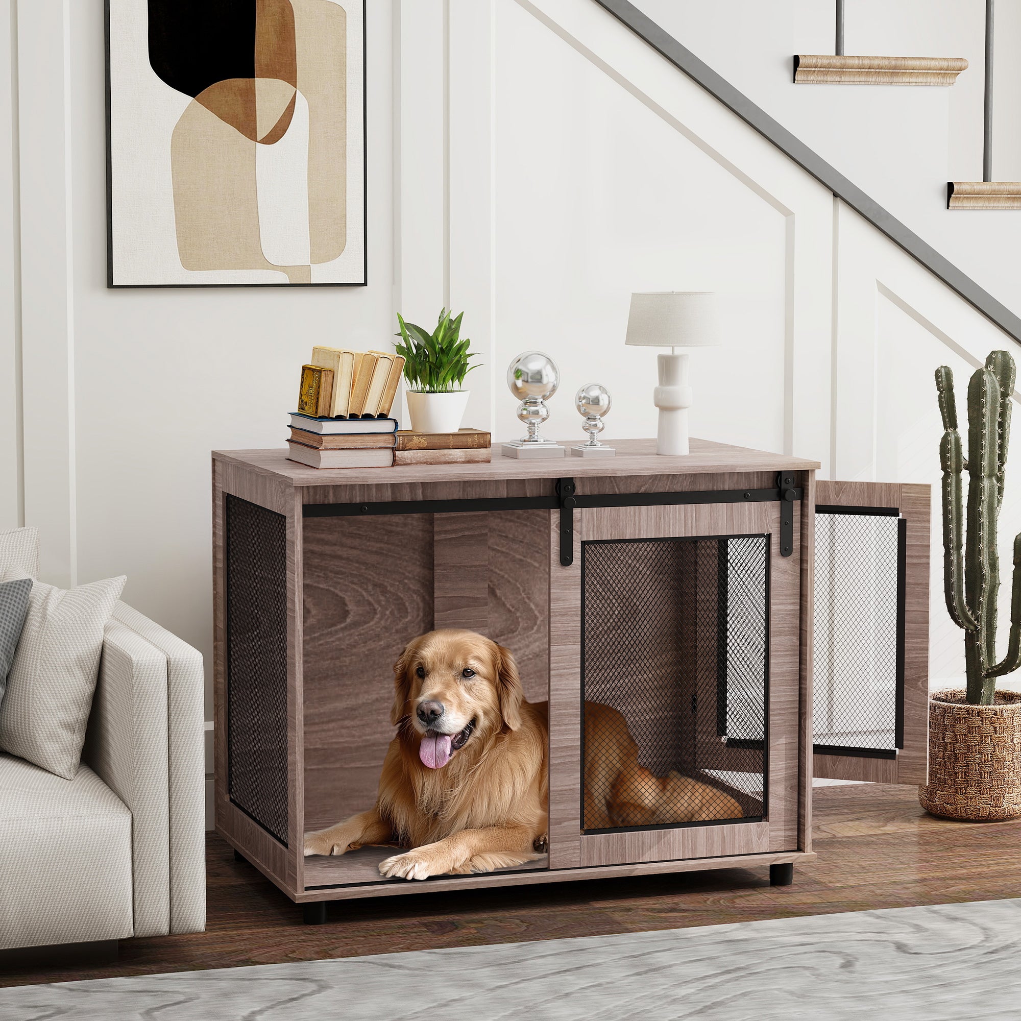 PawHut Dog Crate Furniture with Sliding Door for Large Dogs, 98 x 60 x 78cm, Walnut Brown
