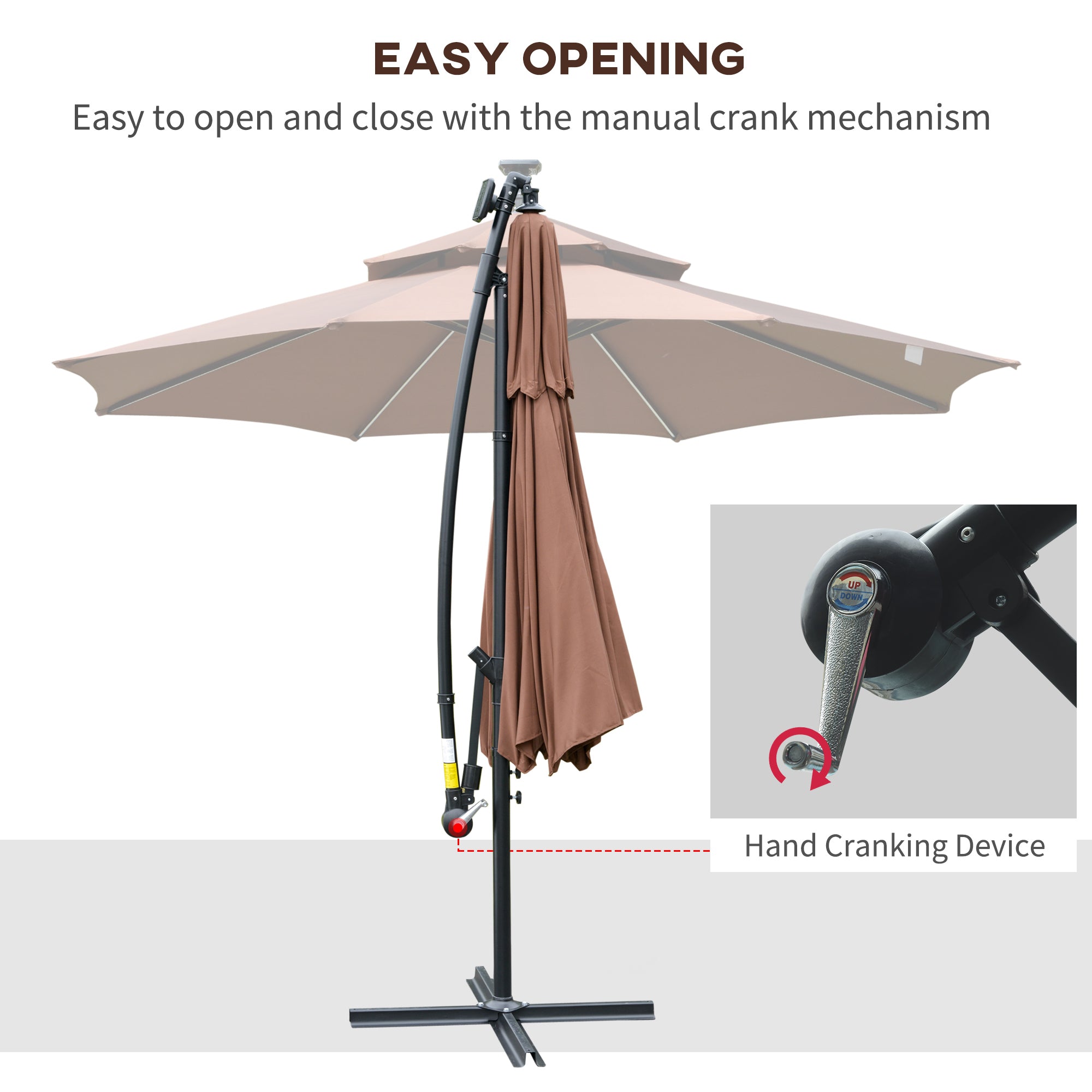 Outsunny 3(m) Cantilever Banana Parasol Hanging Umbrella with Double Roof, LED Solar lights, Crank, 8 Sturdy Ribs and Cross Base for Outdoor, Garden, Patio, Coffee - North Peak Garden Furniture