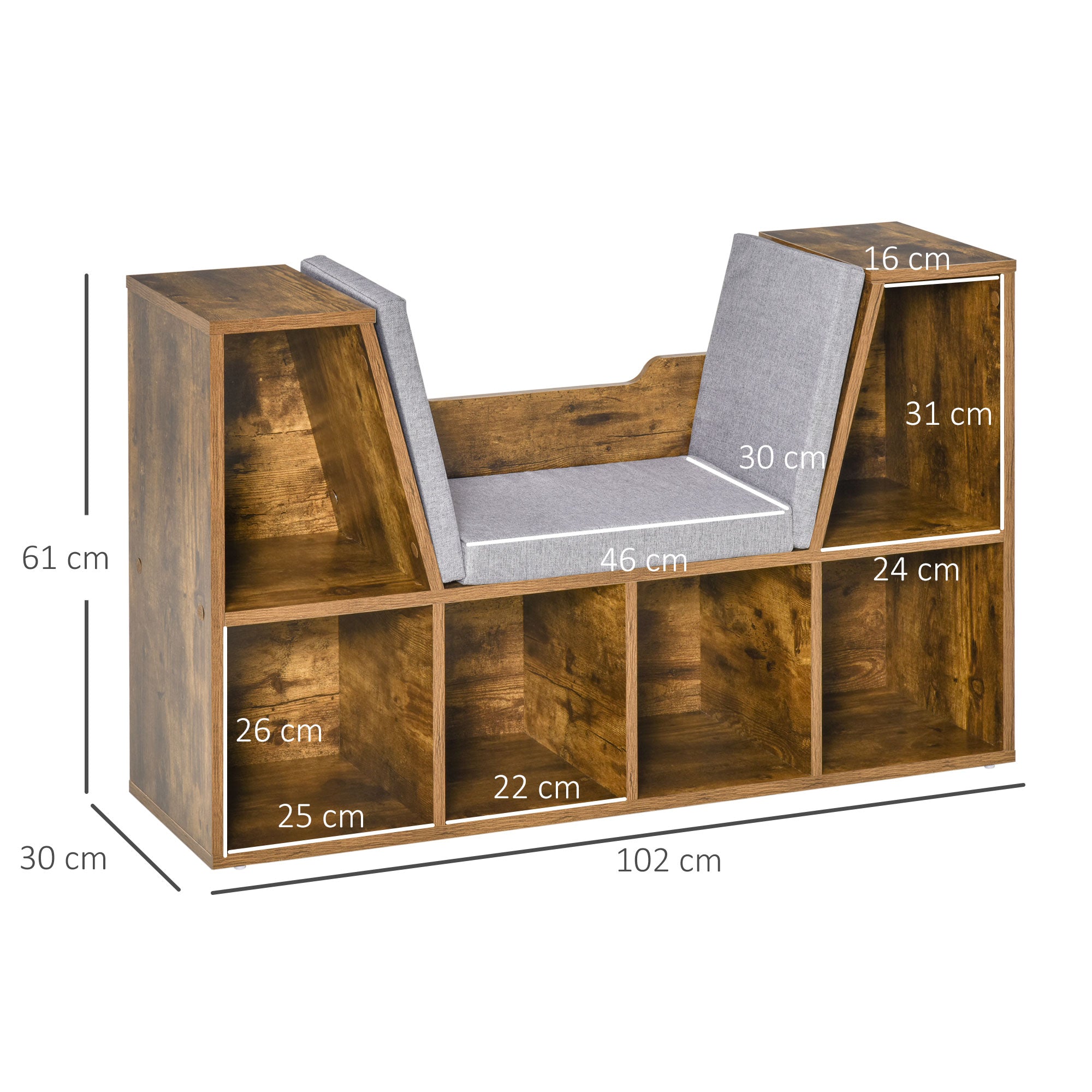 HOMCOM Bookcase Storage Shelf with Cushioned Reading Seat, Cube Bookshelf Organizer for Bedroom Living Room, Rustic Brown - North Peak Garden Furniture