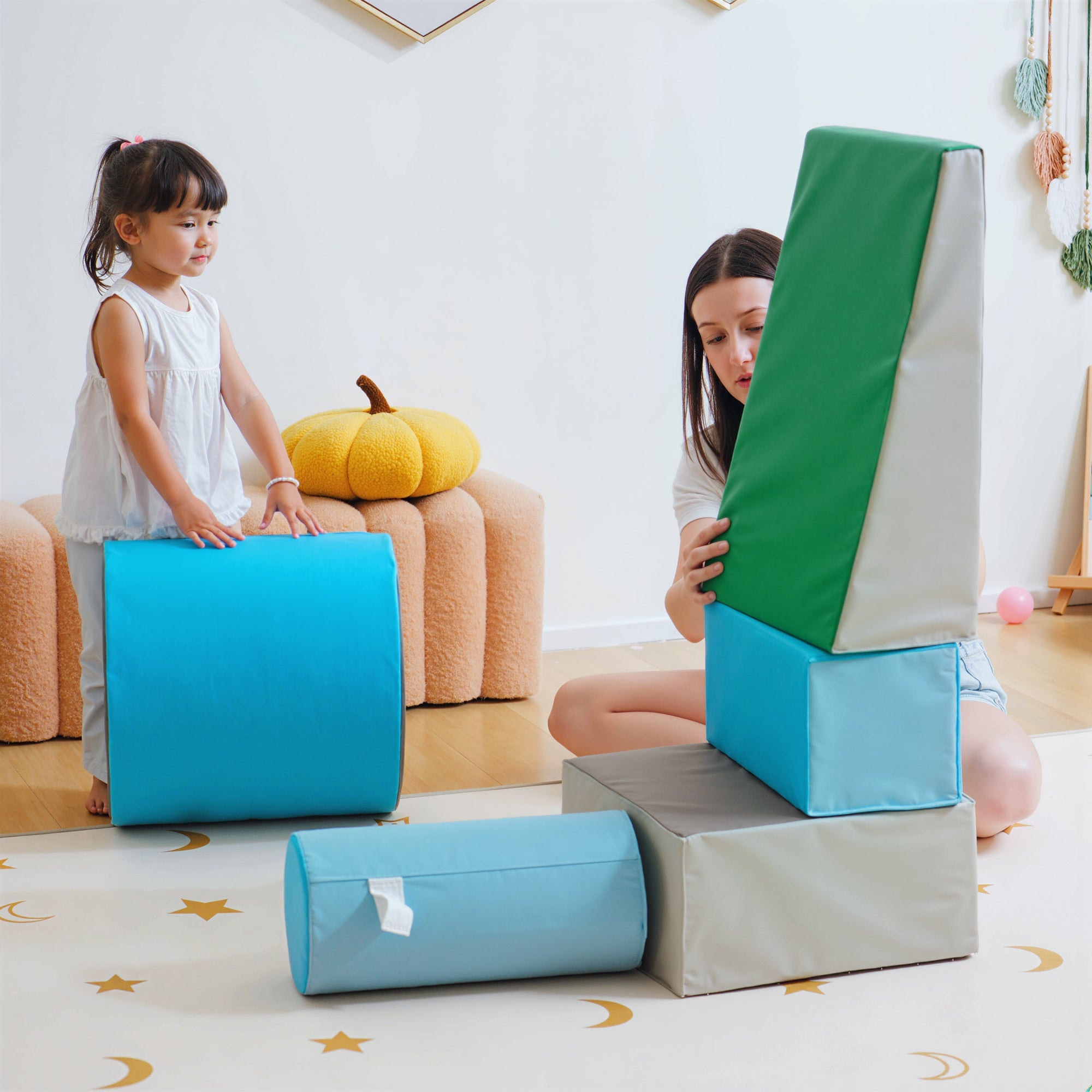 HOMCOM 5 Piece Climb and Crawl Activity Play Set Soft Foam Blocks for Baby Toddler Preschooler Indoor Play Equipment Learning Toys Blue
