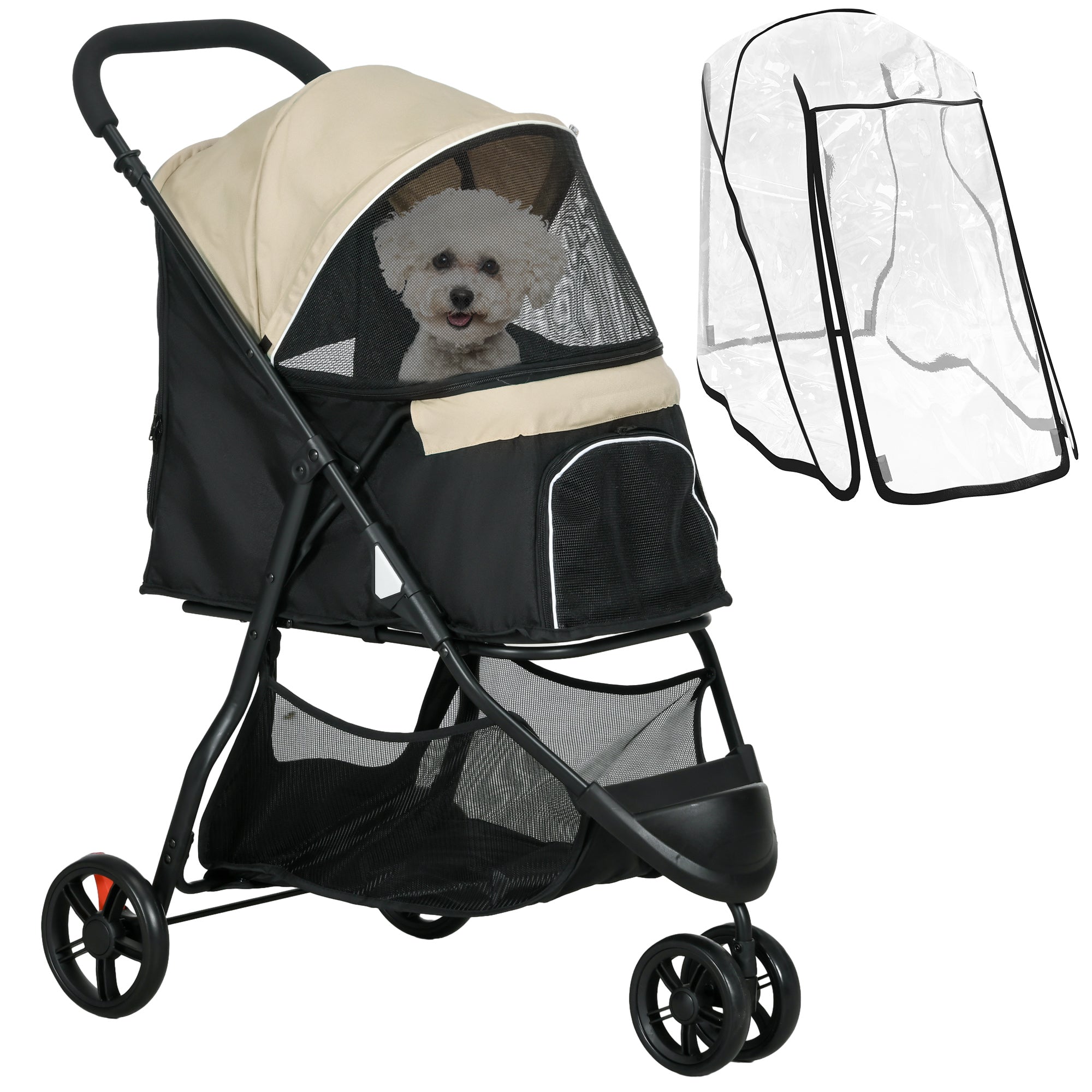PawHut Foldable Pet Stroller w/ Rain Cover, for XS Dogs, S Dogs - Khaki - North Peak Garden Furniture