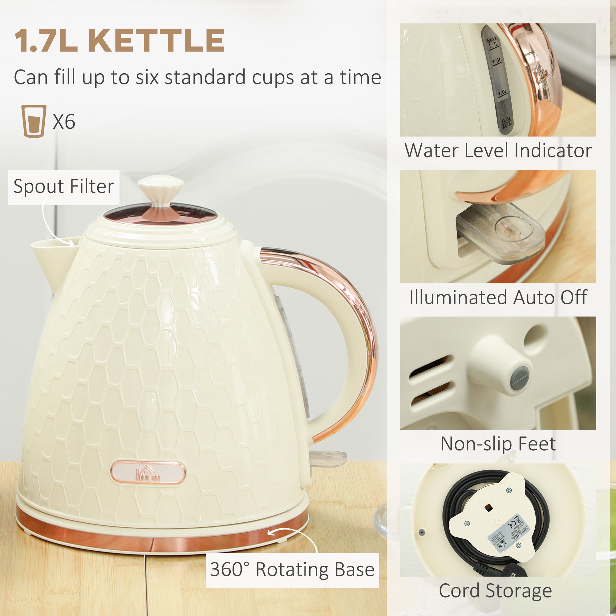 HOMCOM 1.7L 3000W Fast Boil Kettle & 2 Slice Toaster Set, Kettle and Toaster Set with Auto Shut Off, Browning Controls, Beige - North Peak Garden Furniture