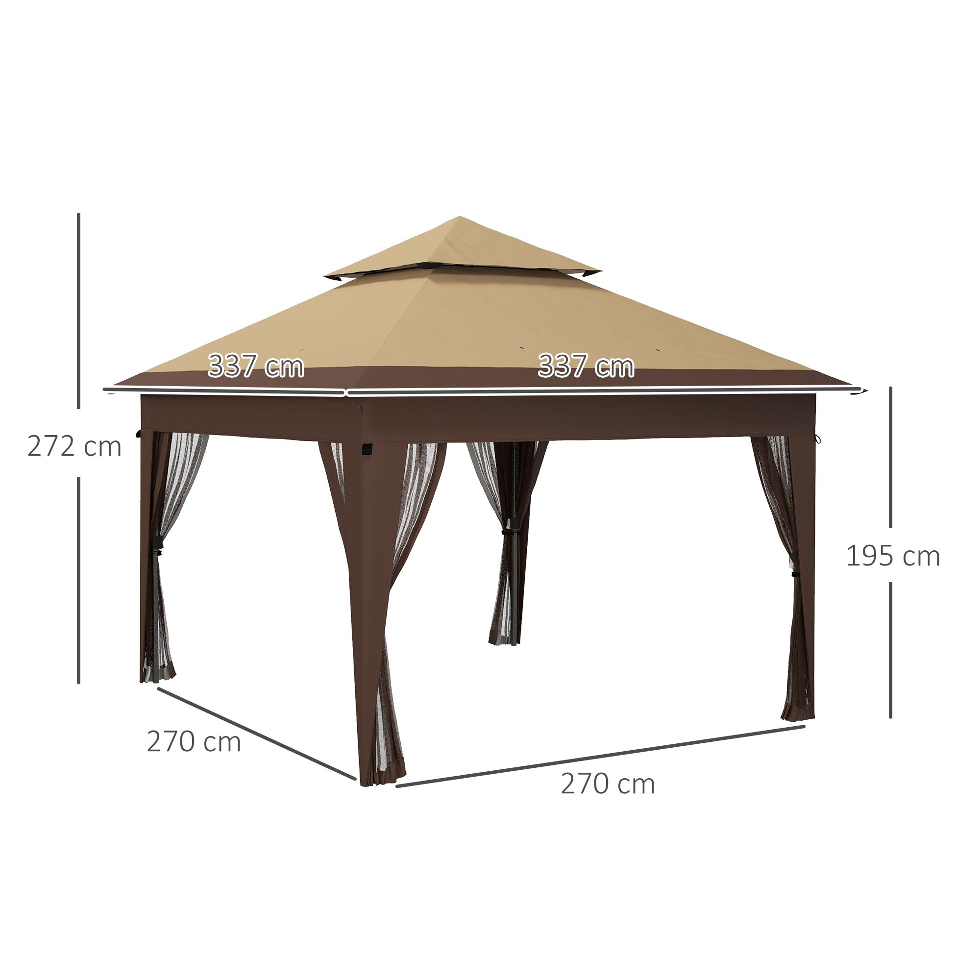 Outsunny 3 x 3(m) Pop Up Gazebo with Mosquito Netting, 1 Person Easy up Marquee Party Tent with 1-Button Push, Double Roof, Carry Bag, Sandbags, Height Adjustable Instant Shelter, Khaki - North Peak Garden Furniture