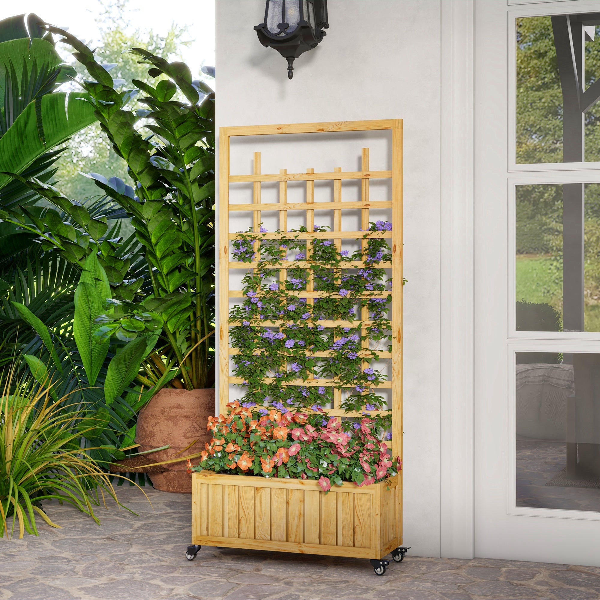 Outsunny Wooden Trellis Planter, Raised Garden Bed with Wheels and Bed Liner, to Climb and Grow Vegetables, Herbs and Flowers