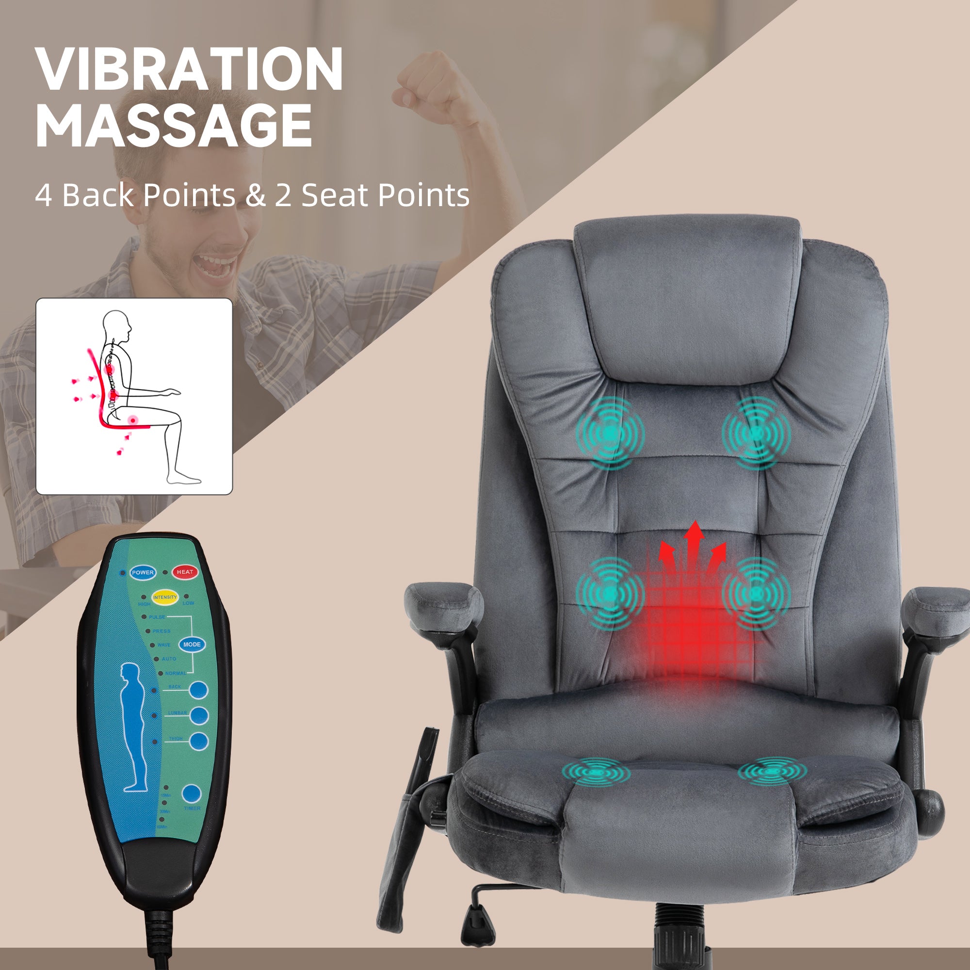 Vinsetto Massage Recliner Chair Heated Office Chair with Six Massage Points Velvet-Feel Fabric 360° Swivel Wheels Grey - North Peak Garden Furniture