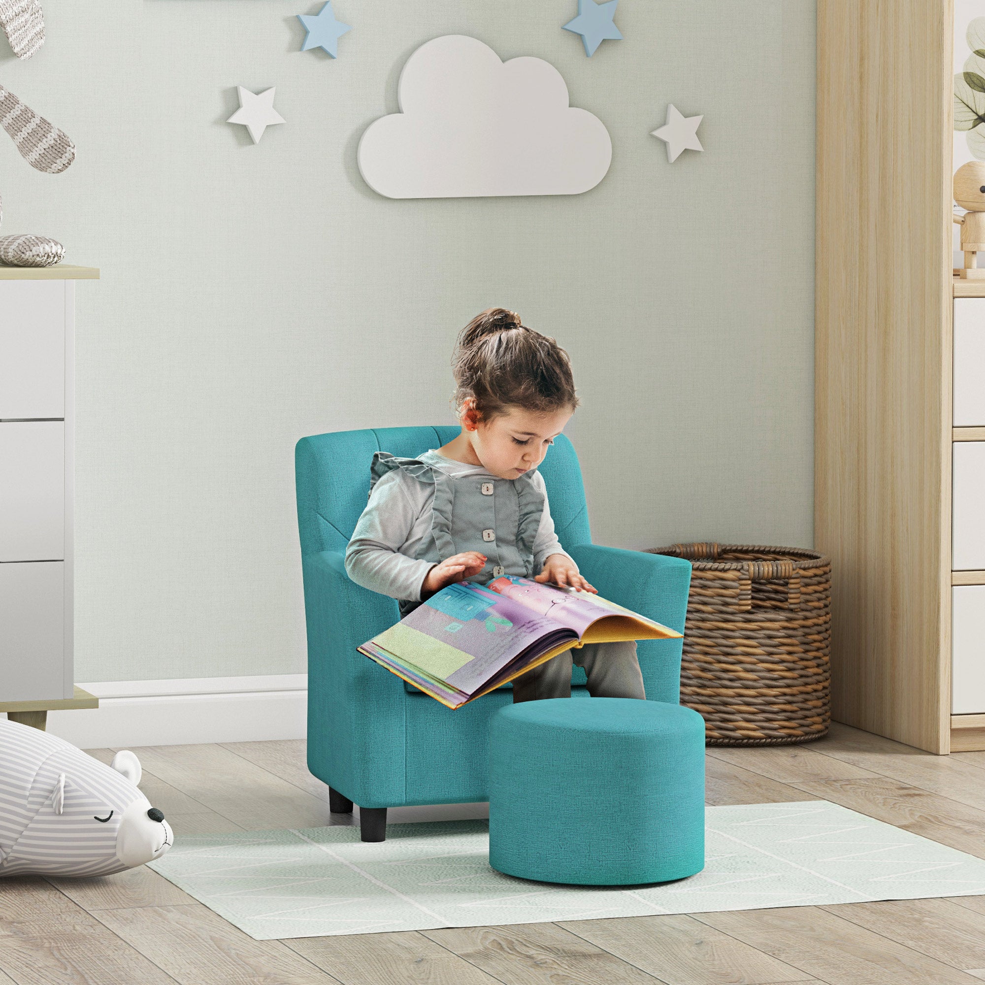 AIYAPLAY 2PCs Kids Sofa Set with Footrest, for Playroom, Bedroom, Blue - North Peak Garden Furniture
