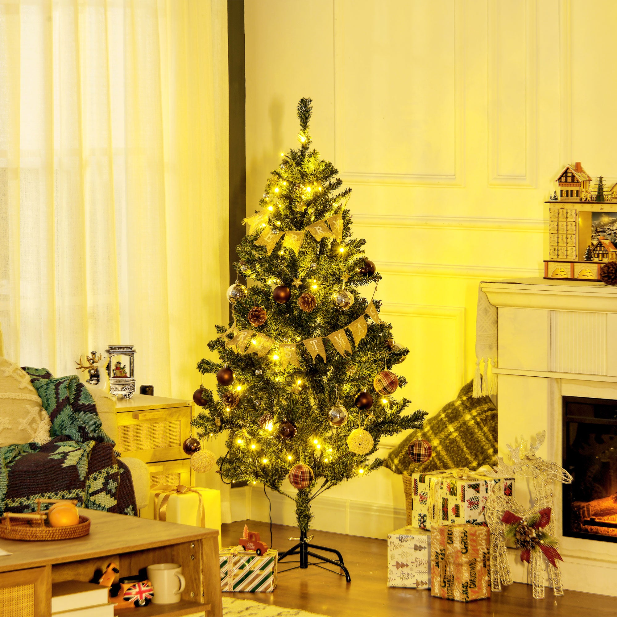 HOMCOM 5' Artificial Prelit Christmas Trees Holiday Décor with Warm White LED Lights, Decoration, Banner, Tag, Ball - North Peak Garden Furniture