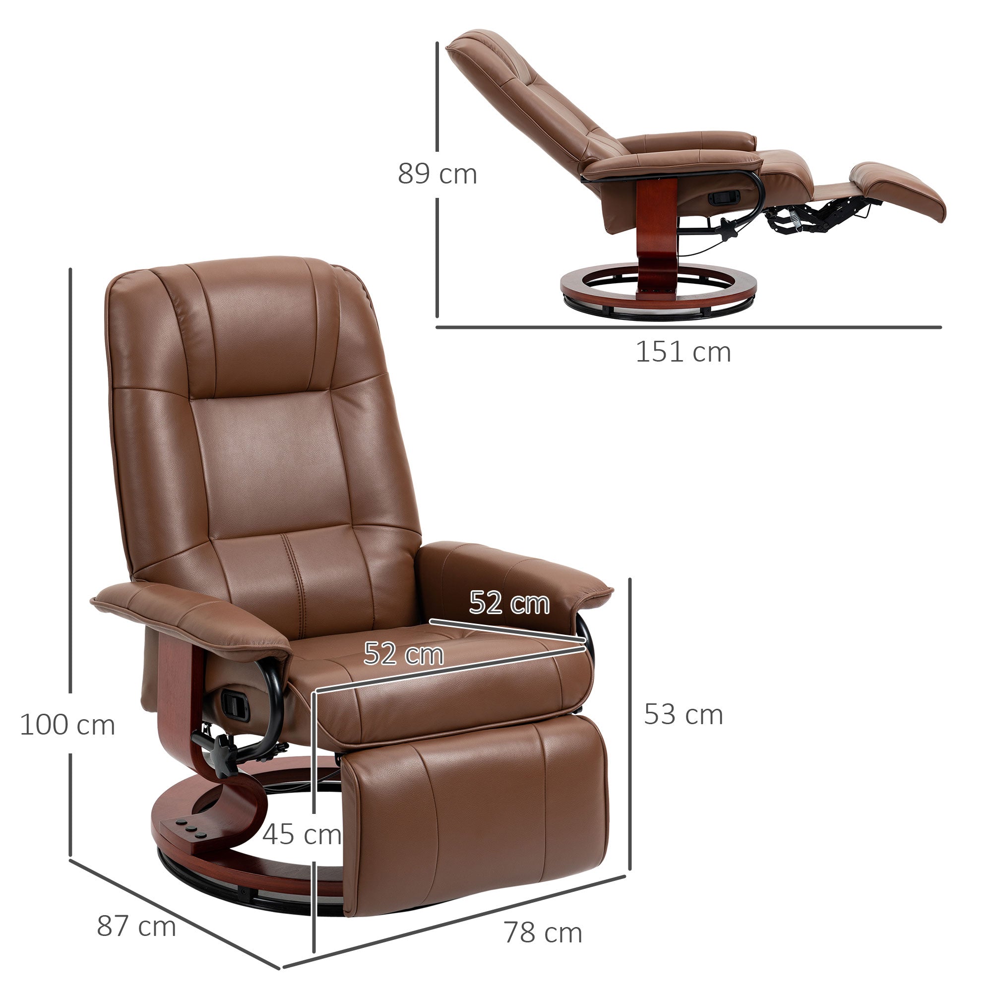 HOMCOM Faux Leather Armchair, with 145° Reclining Back and Footrest - Brown - North Peak Garden Furniture