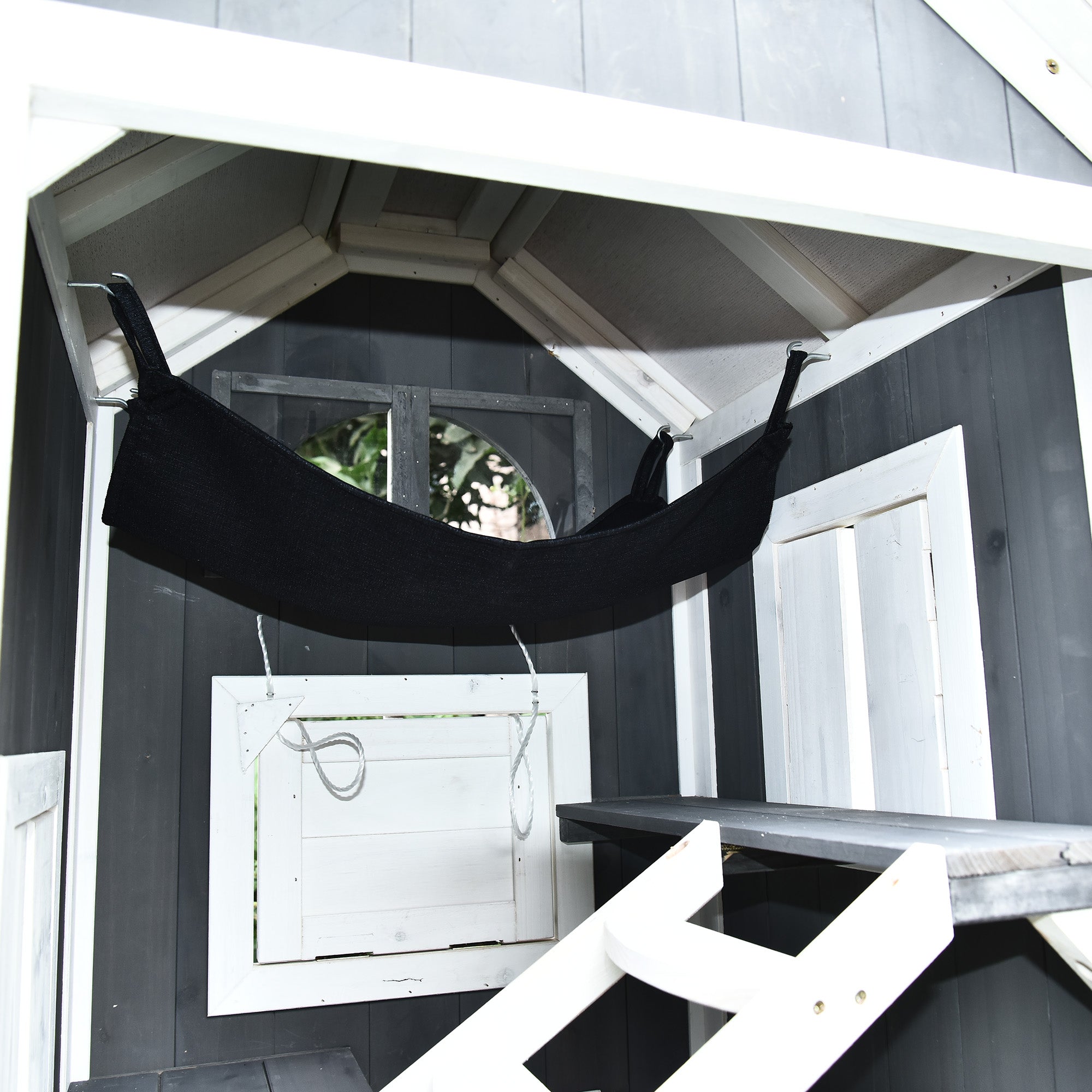 PawHut Wooden Cat House, Weatherproof Pet Shelter, Outdoor Cat Condos Cave, 2 Floor Furniture, Grey and White - North Peak Garden Furniture