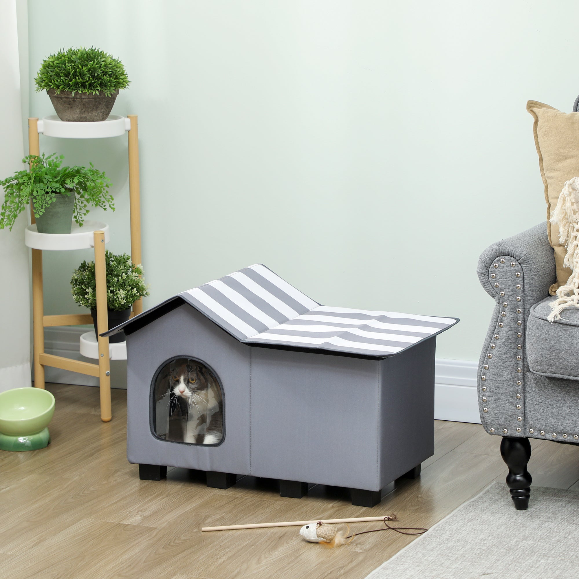 PawHut Outdoor Cat House, Weatherproof Feral Cat Cave with Elevated Base and Cushion for Winter, Grey