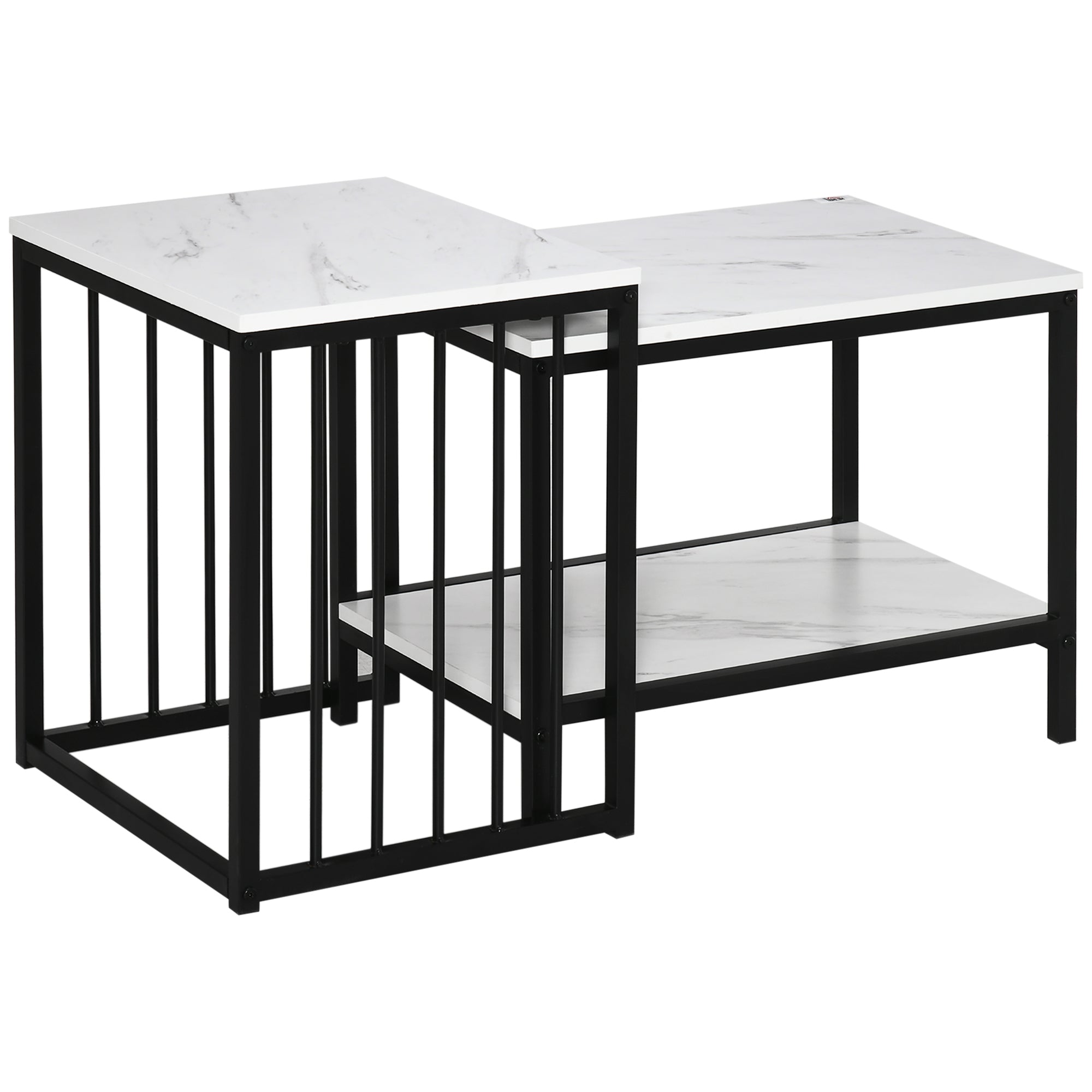 HOMCOM Modern Coffee Table Set of Two, Marble-Effect Nesting Side Tables with Steel Frame for Living Room, White, Black - North Peak Garden Furniture