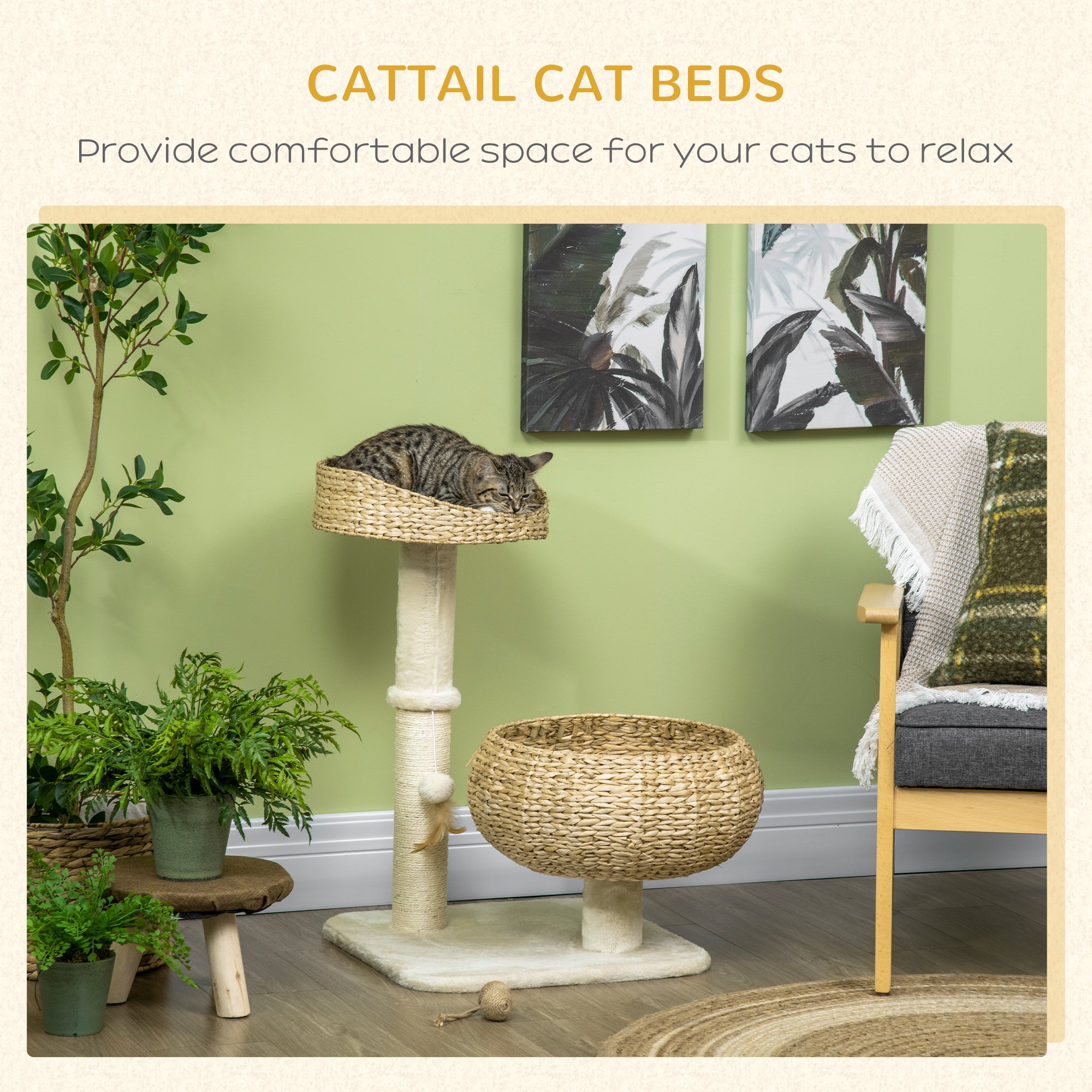 PawHut 72cm Cat Tree Kitten Tower, with Sisal Scratching Post, Two Beds, Toy Ball - North Peak Garden Furniture