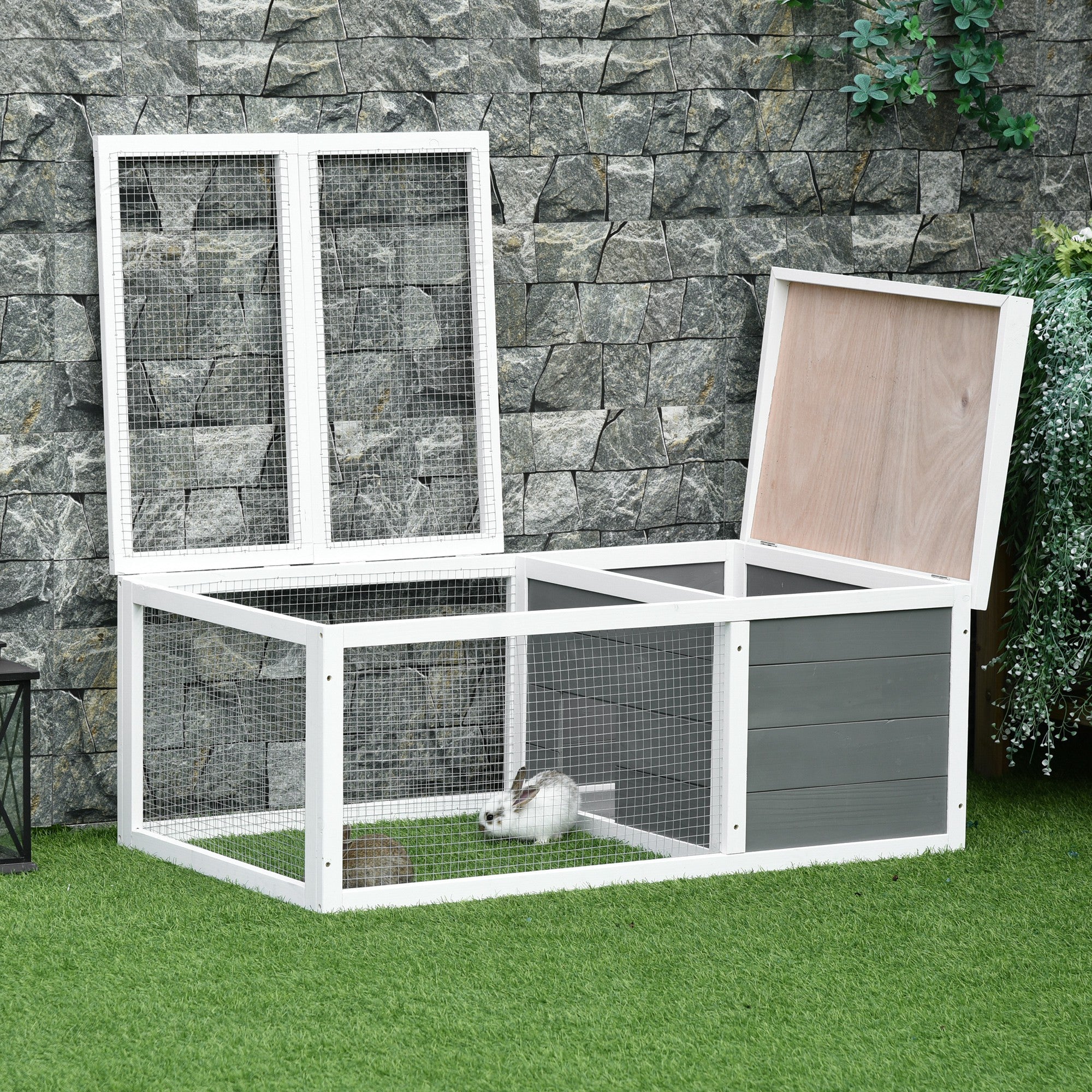 PawHut Rabbit Hutch Guinea Pig Hutch Wooden Small Animal Cage Rabbit Run Duck House with Openable Roof for Indoor Outdoor 115 x 66 x 47.5 cm - North Peak Garden Furniture