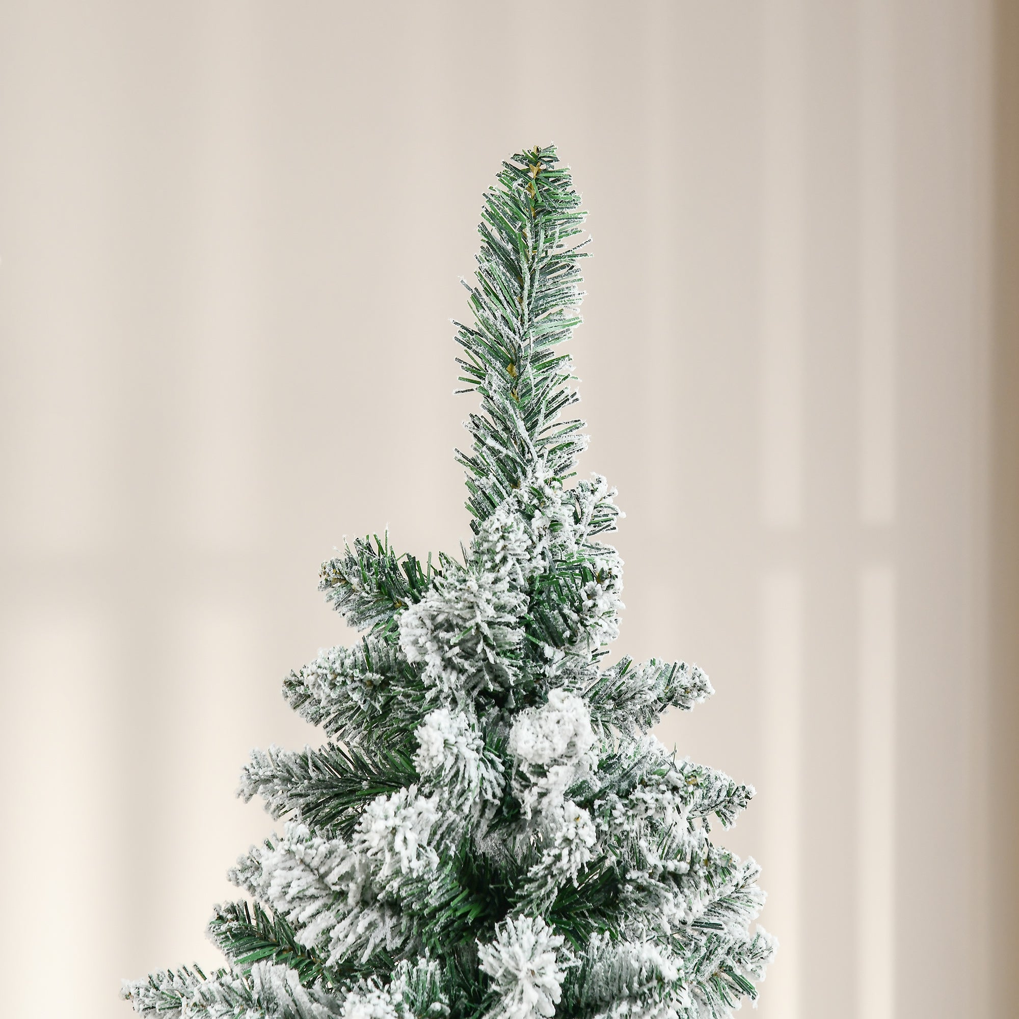 HOMCOM 6 Ft Snow Flocked Artificial Christmas Tree, Xmas Pencil Tree with Realistic Branches, Auto Open, Pinewood Base, Green - North Peak Garden Furniture