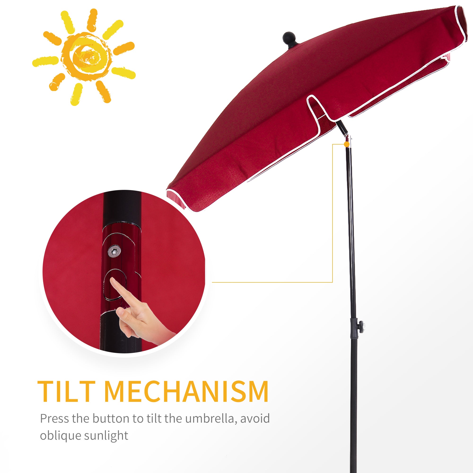 Outsunny Garden Parasol Umbrella, Outdoor Market Table Umbrella with Ruffles & Aluminium Pole, Rectangular Tilting Parasol Sun Shade Canopy, 2 x 1.3m, Red - North Peak Garden Furniture