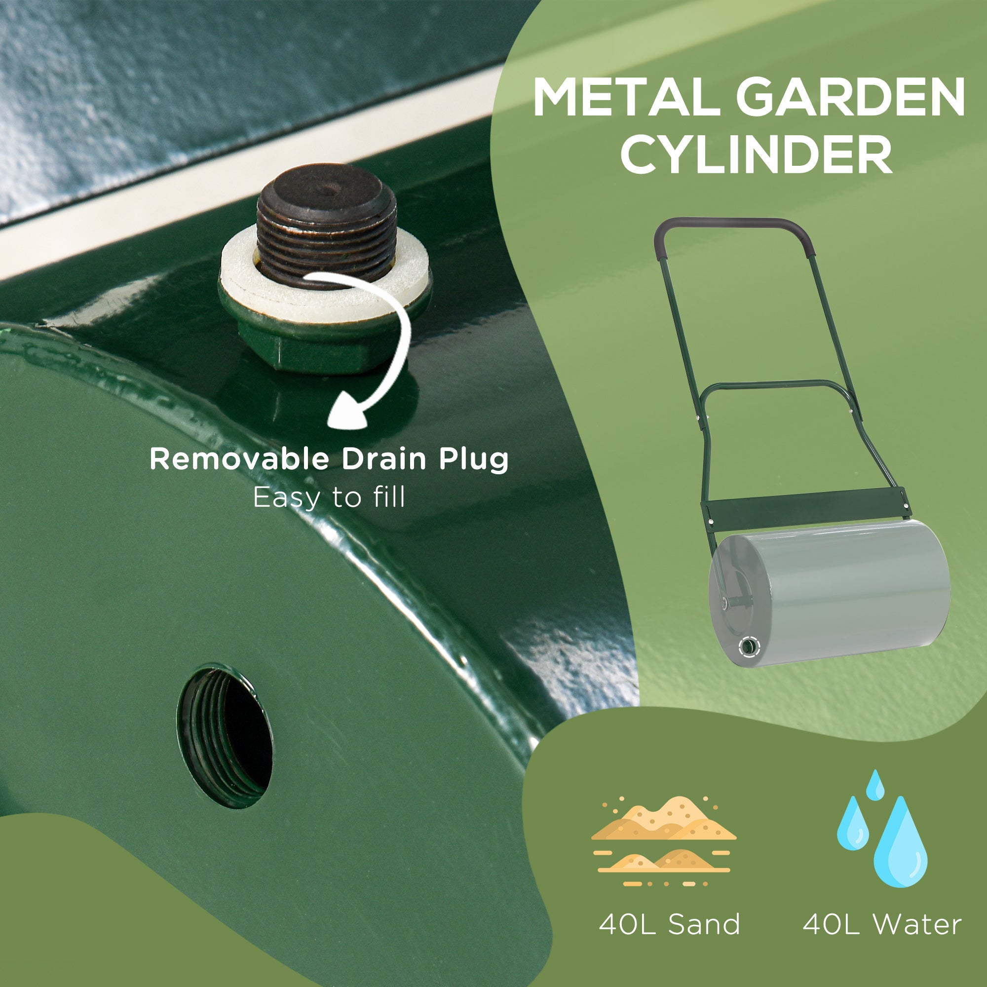 Outsunny 40L Lawn Roller Drum Scraper Bar Collapsible Handle Water or Sand Filled Φ32cm Green - North Peak Garden Furniture