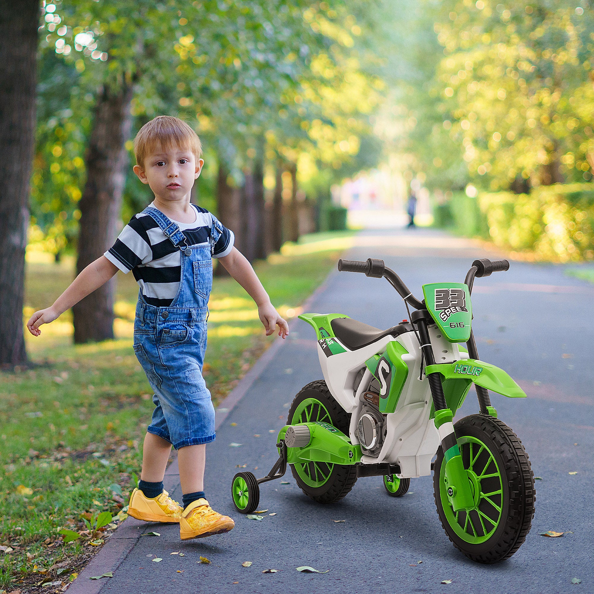 HOMCOM 12V Kids Electric Motorcycle Ride-On, with Training Wheels, for Ages 3-6 Years - Green - North Peak Garden Furniture