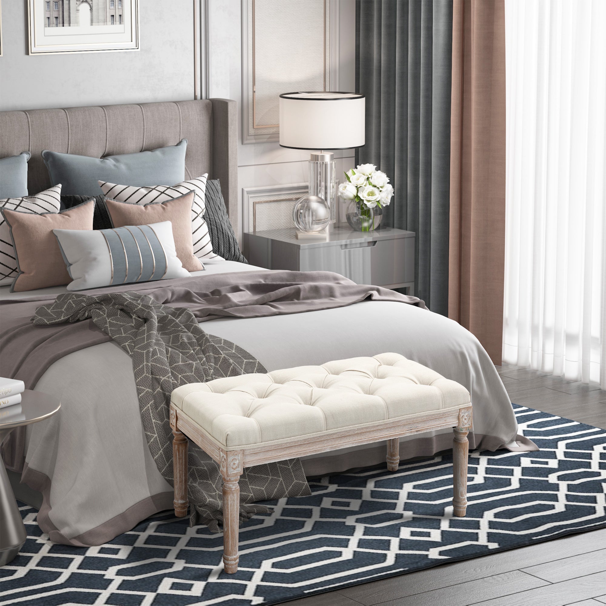 HOMCOM End of Bed Bench, Window Seat, Tufted Bench for Bedroom, Hallway, Living Room, Cream White - North Peak Garden Furniture