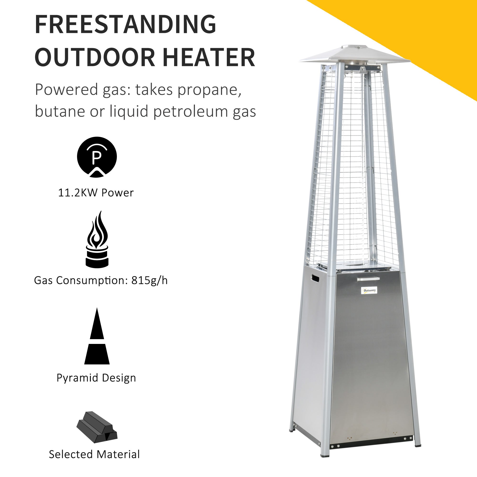 Outsunny 11.2KW Outdoor Patio Gas Heater Stainless Steel Pyramid Propane Heater Garden Freestanding Tower Heater with Wheels, Dust Cover, Regulator and Hose, Silver