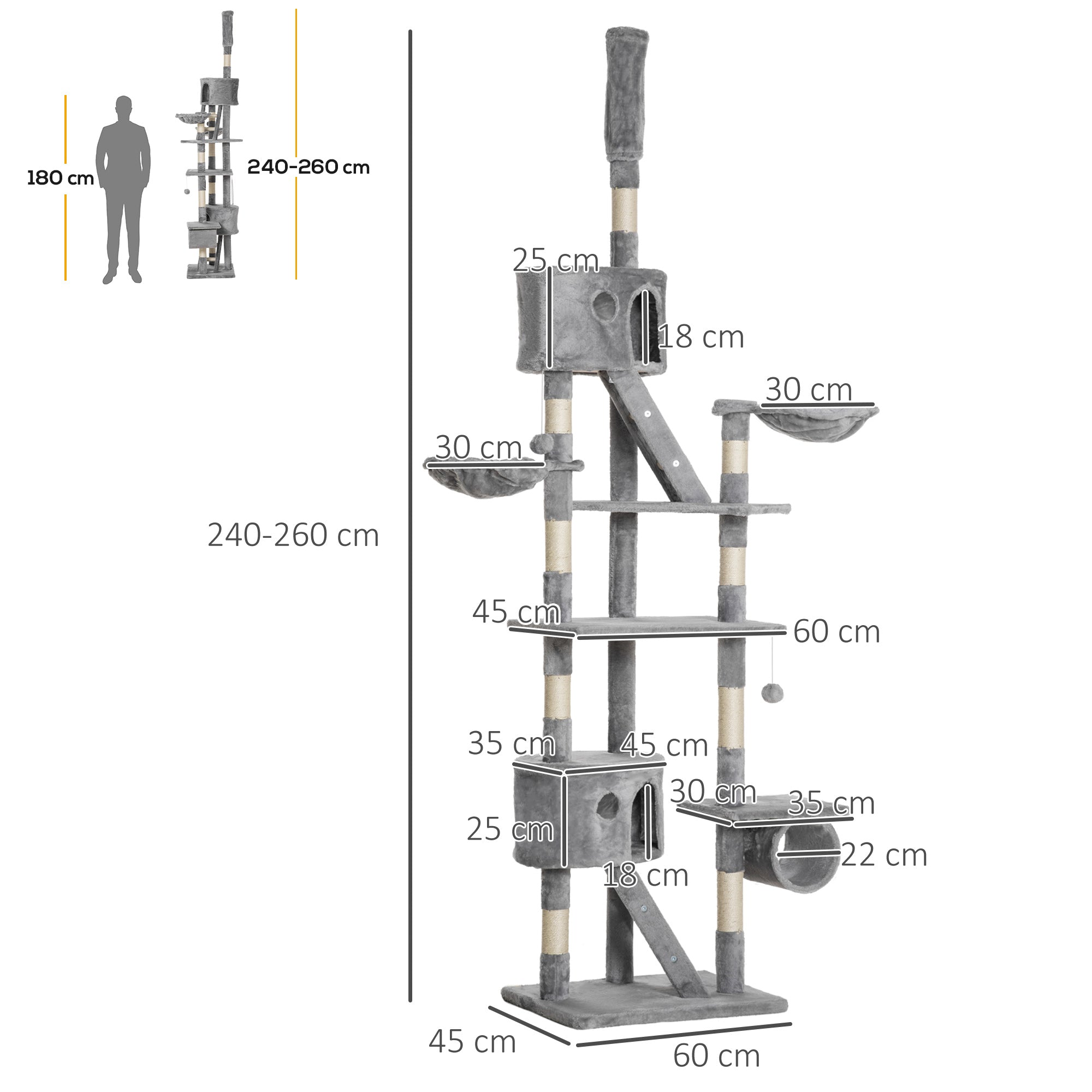 PawHut Floor to Ceiling Cat Tree for Indoor Cats, 240-260cm, Adjustable Height - Light Grey - North Peak Garden Furniture