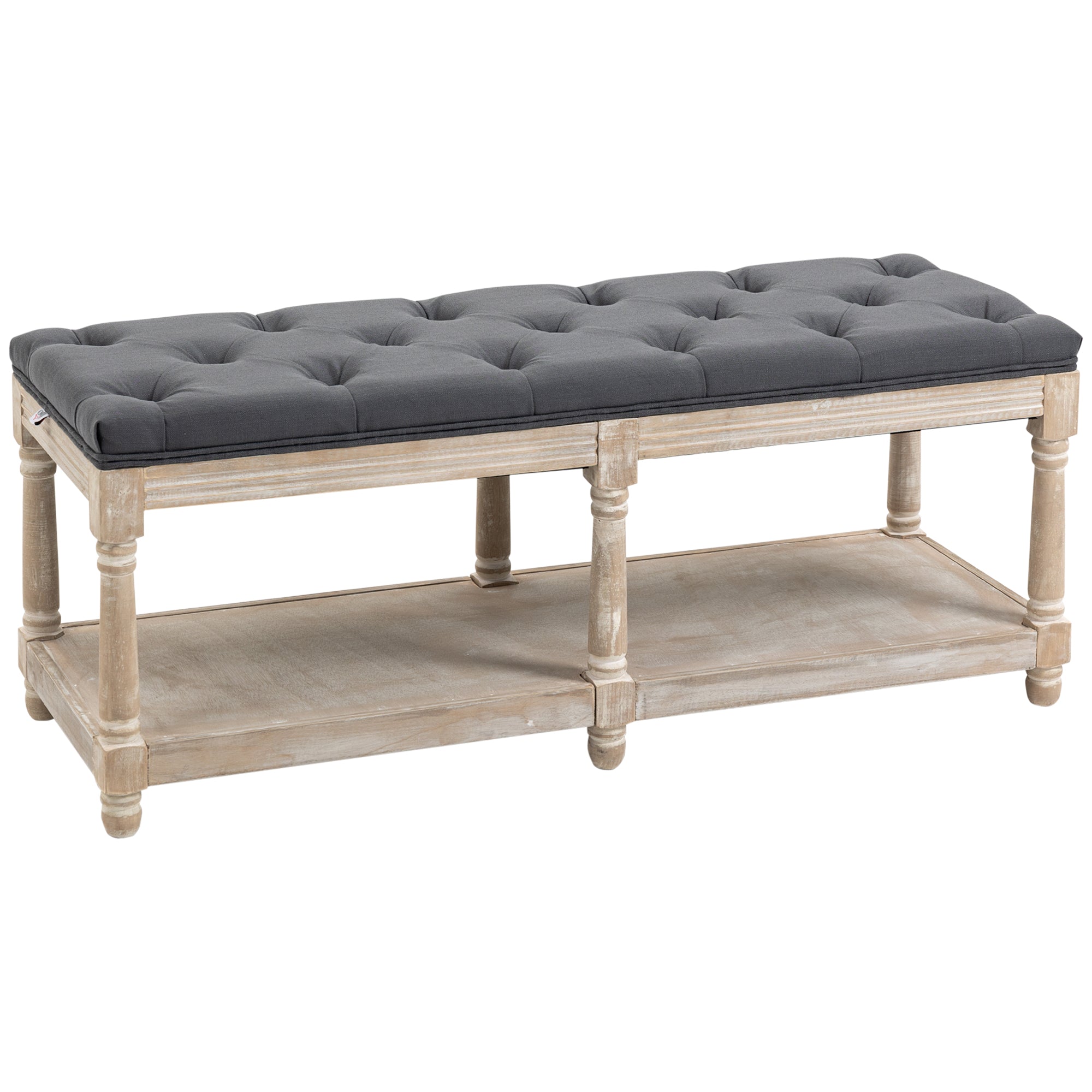 HOMCOM 2-Tier Bed End Bench, Vintage Stool, Wooden Window Seat with Storage Shelf, Button Tufted Upholstered Footstool for Living Room, Bedroom, Entryway, Grey - North Peak Garden Furniture