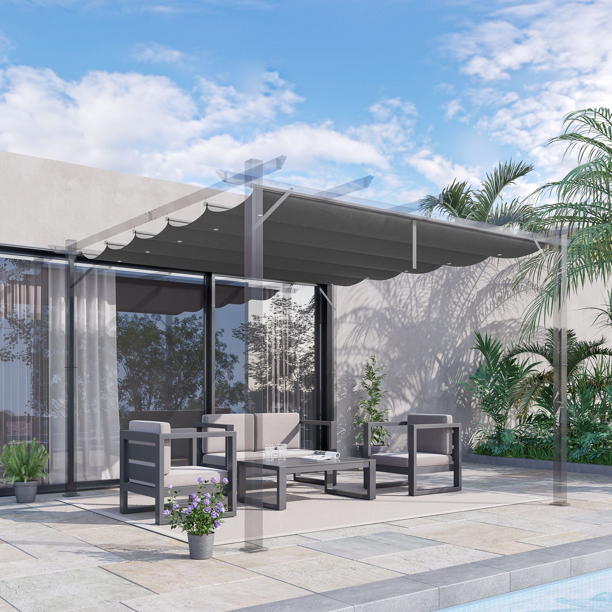 Outsunny Retractable Pergola Shade Cover, Replacement Canopy Fabric for 3 x 3 (m) Pergola, Gazebo Retractable Roof, Dark Grey - North Peak Garden Furniture