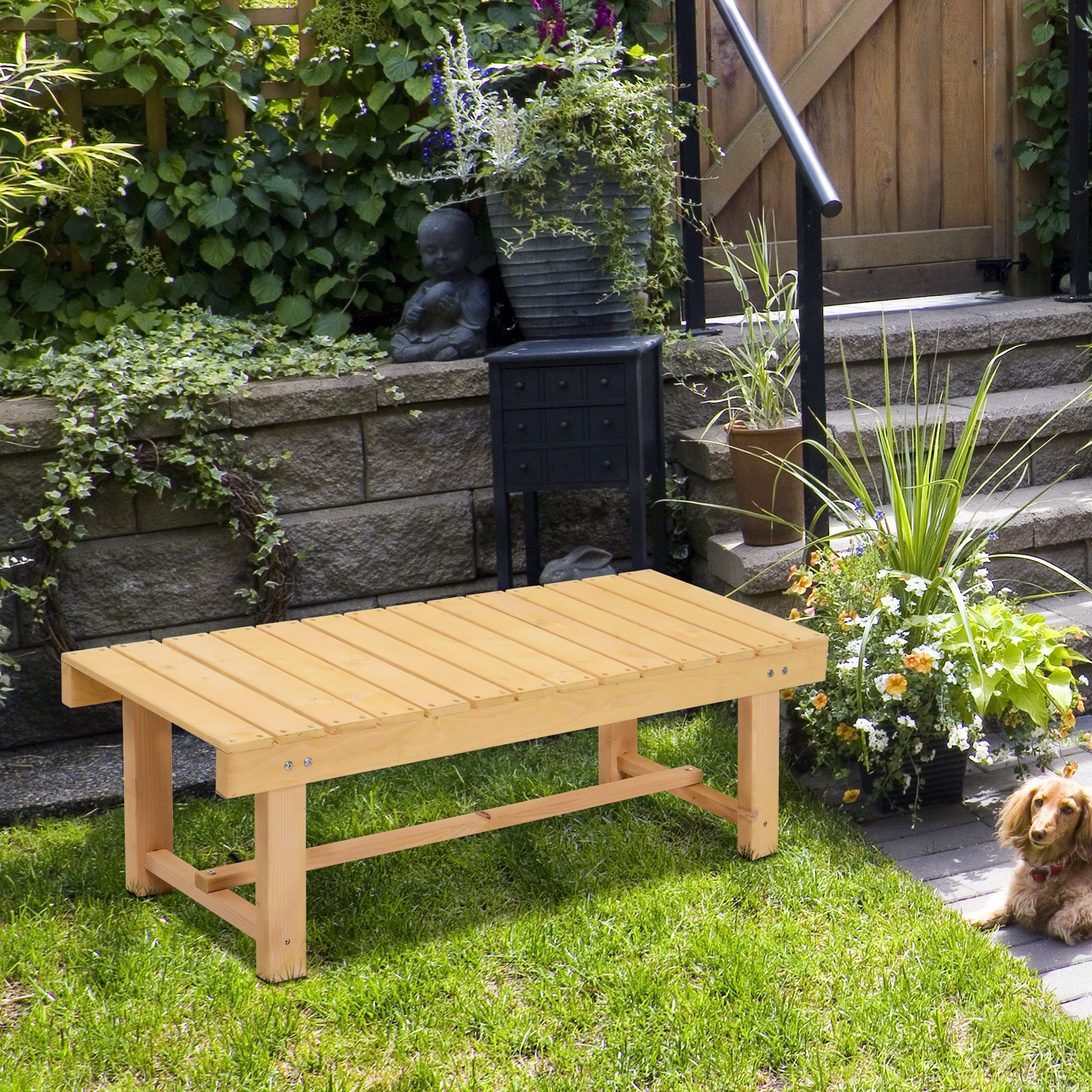 Outsunny 3 Pieces 2-seater Outdoor Indoor Garden Wooden Bench Fir Patio Loveseat, 110L x 38W x 35Hcm, Natural - North Peak Garden Furniture