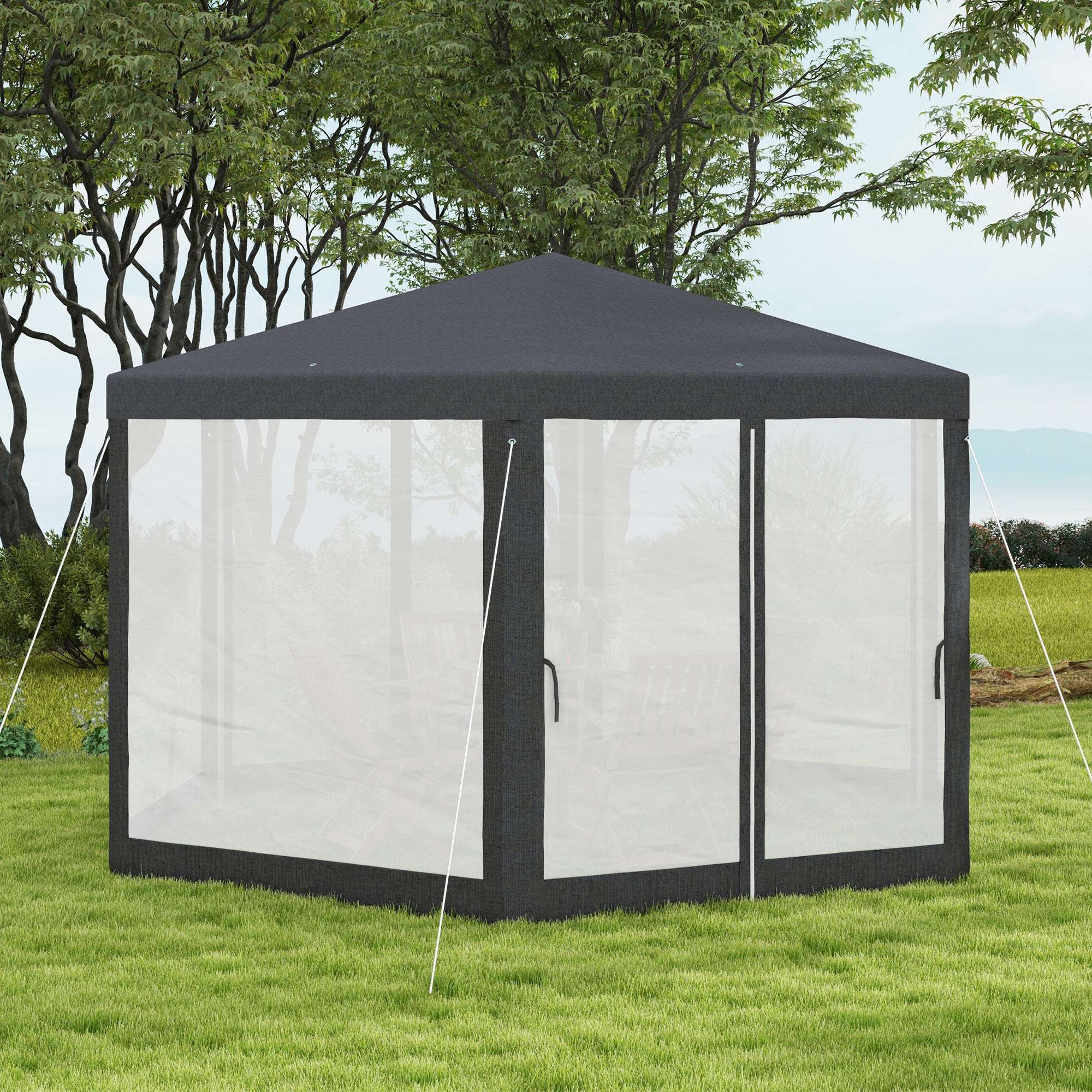 Outsunny 4M Hexagon Gazebo, Netting Party Tent, Patio Canopy Outdoor Event Shelter for Activities, Shade Resistant, Dark Grey - North Peak Garden Furniture