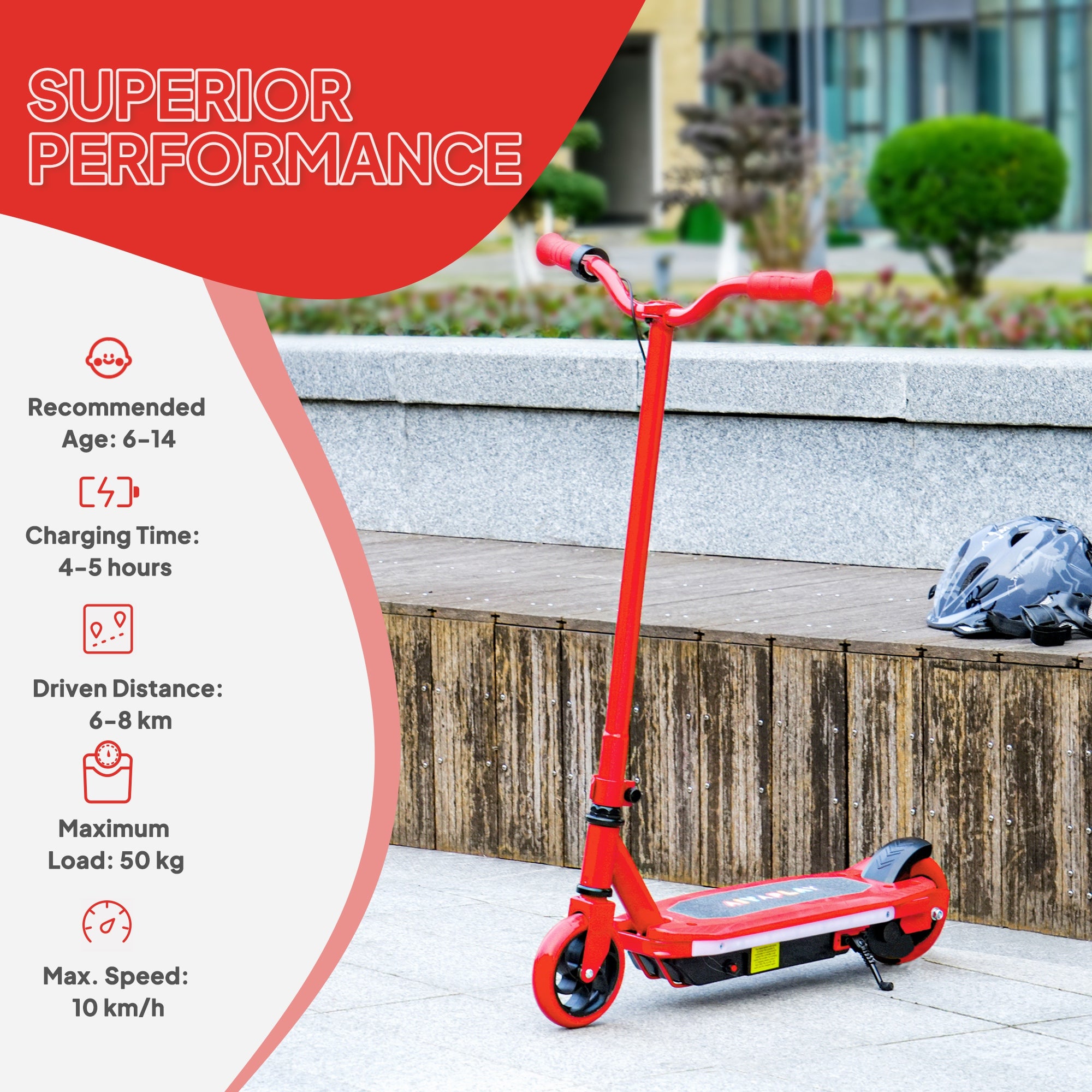 AIYAPLAY Electric Scooter for Ages 6-14, with Colourful Light and Electric Brake, Electric Scooter E Scooter, Up to 10 KM/H & 8 KM, Red - North Peak Garden Furniture