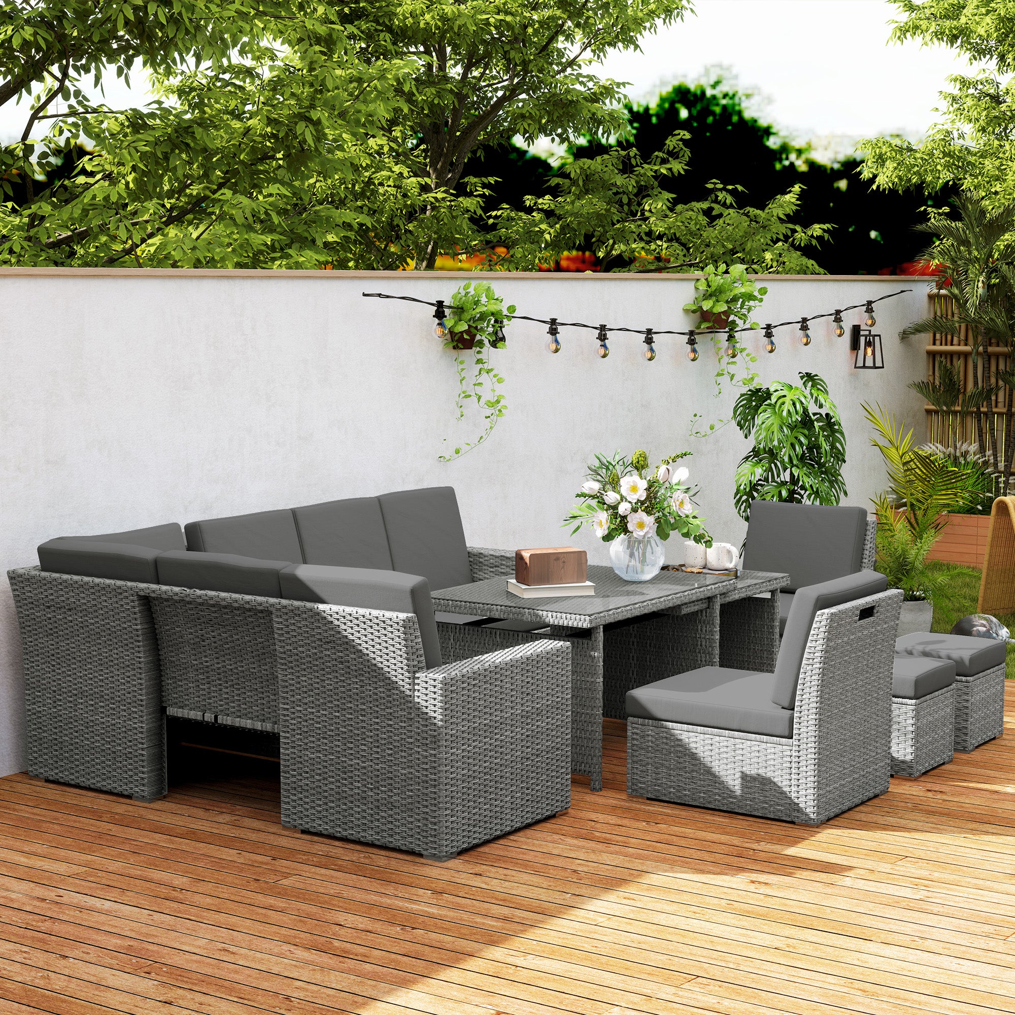 Outsunny Seven-Piece Rattan Garden Sofa Set, with Expanding Table - Light Grey - North Peak Garden Furniture