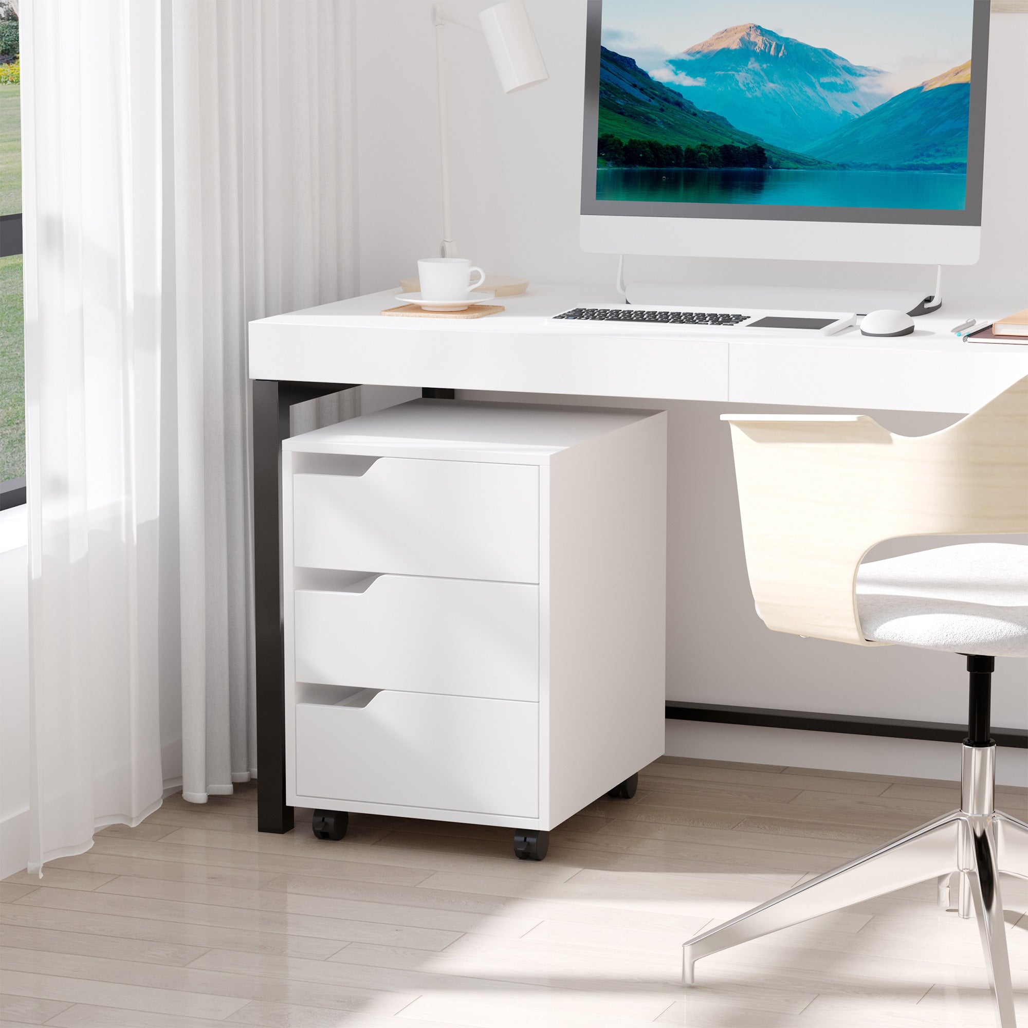 HOMCOM 3 Drawer Mobile File Cabinet, Vertical Filing Cabinet with Wheels for Home Office, White - North Peak Garden Furniture