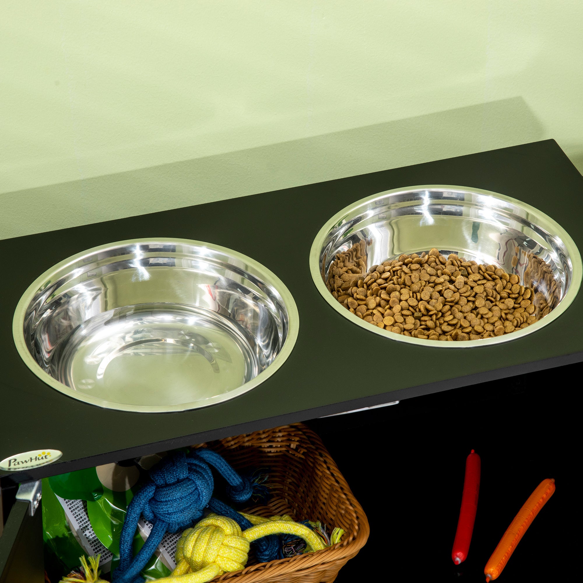 PawHut Raised Pet Feeder, with Two Bowls, Storage - Black - North Peak Garden Furniture