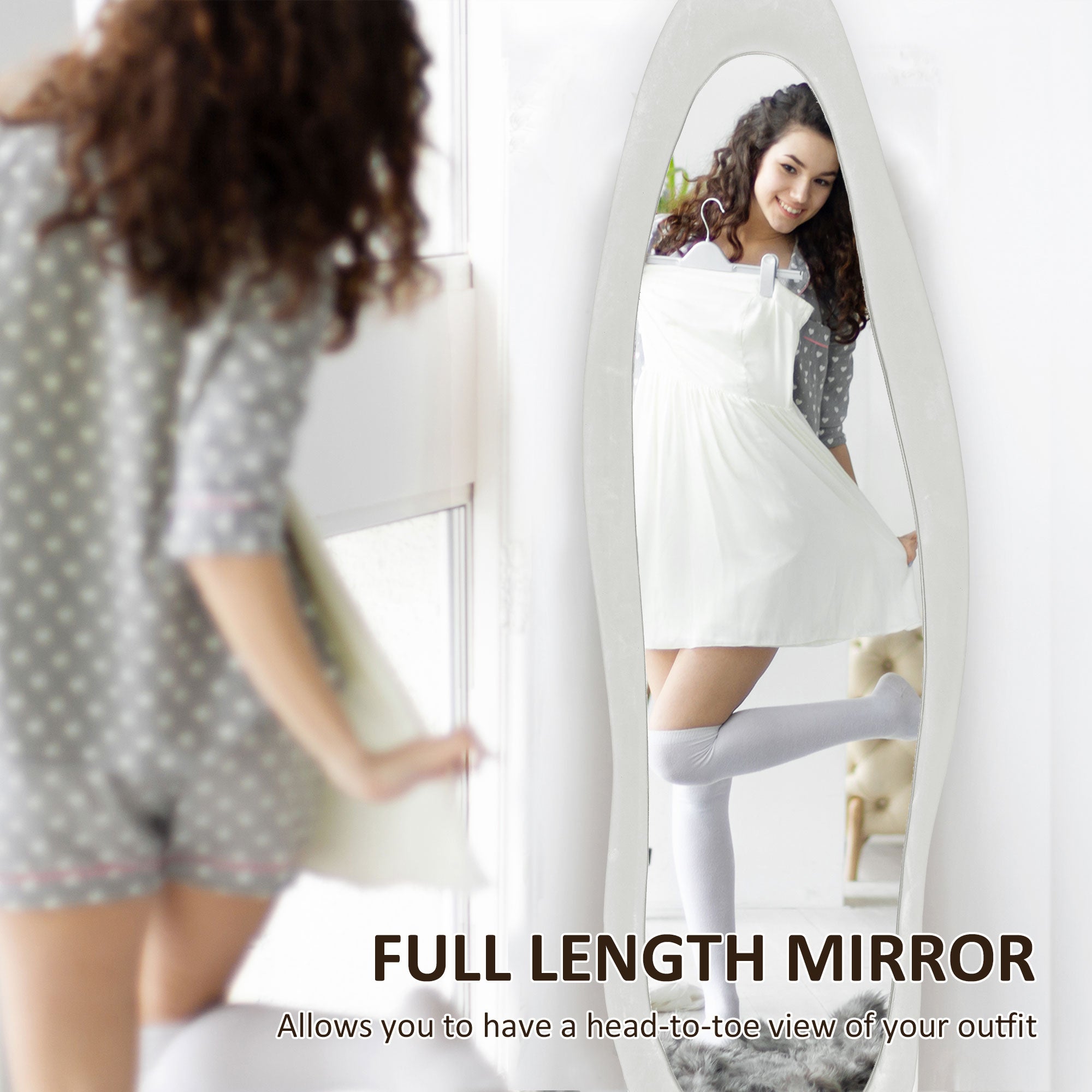 HOMCOM Wavy Velvet-Feel Full Length Mirror - White - North Peak Garden Furniture