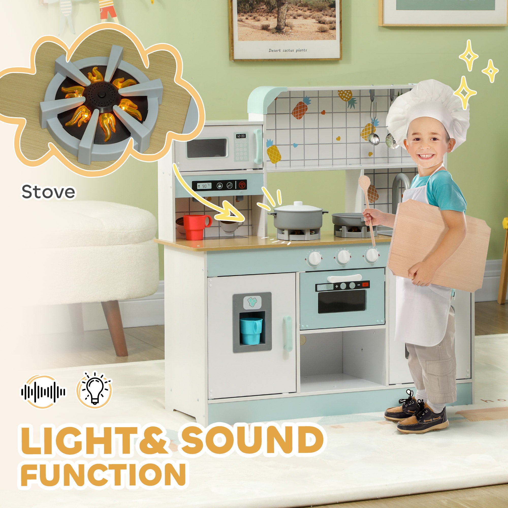 AIYAPLAY Toy Kitchen, Pretend Role Play Kitchen with Hob, Sound and Light, Coffee Machine, Ice Maker, Microwave - North Peak Garden Furniture