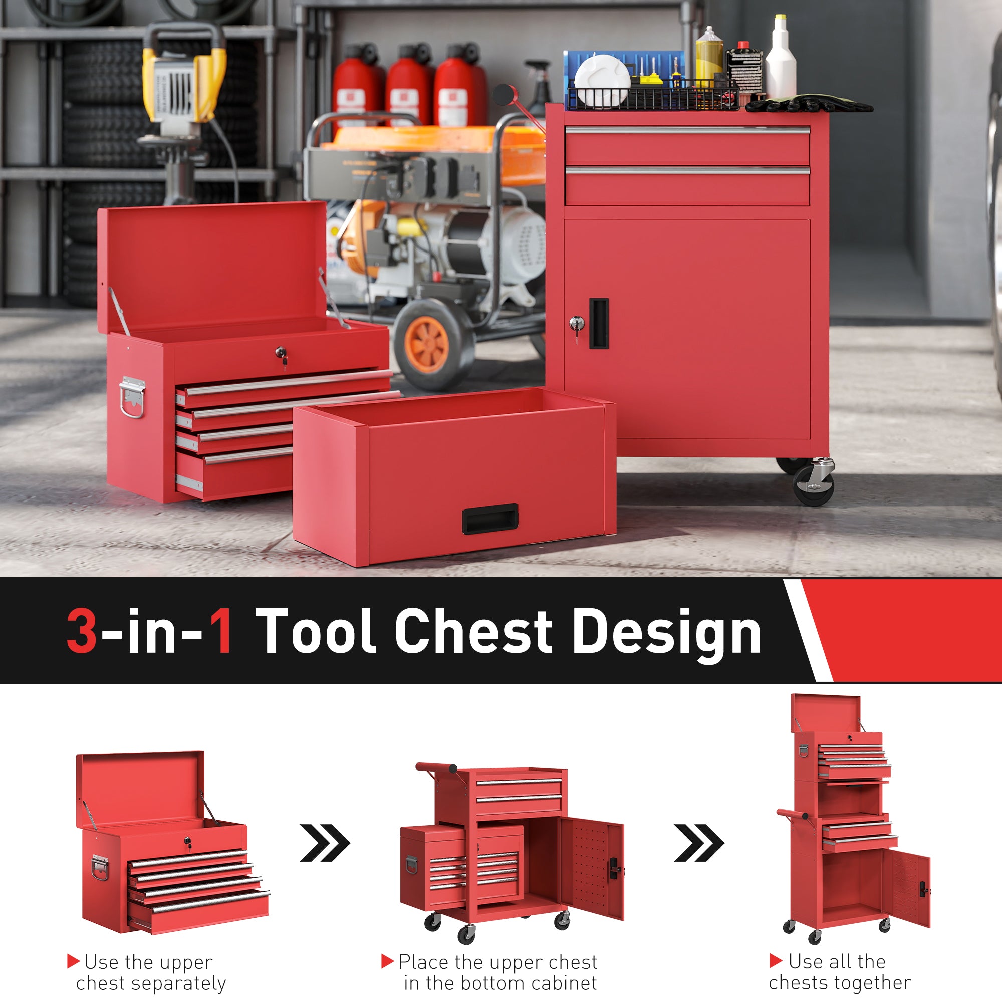 HOMCOM Three-Part Steel Locking Tool Chest - Red