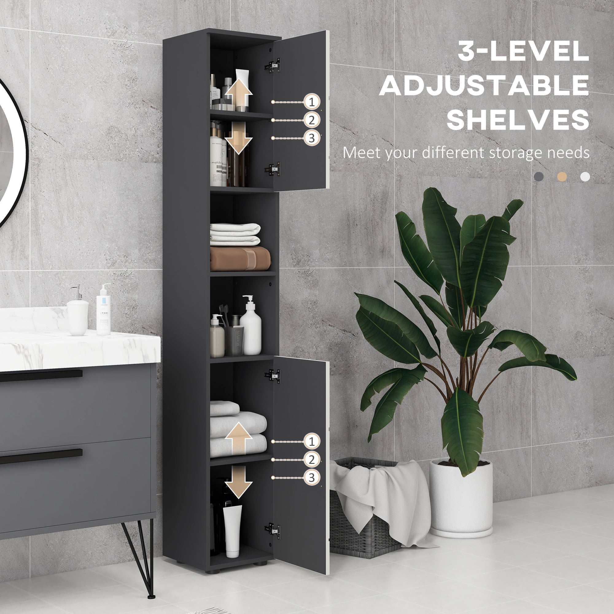 kleankin 183cm Tall Bathroom Cabinet, Narrow Bathroom Storage Cabinet with Open Shelves, 2 Doors Cabinets, Adjustable Shelves and Soft Close Mechanism, Grey - North Peak Garden Furniture
