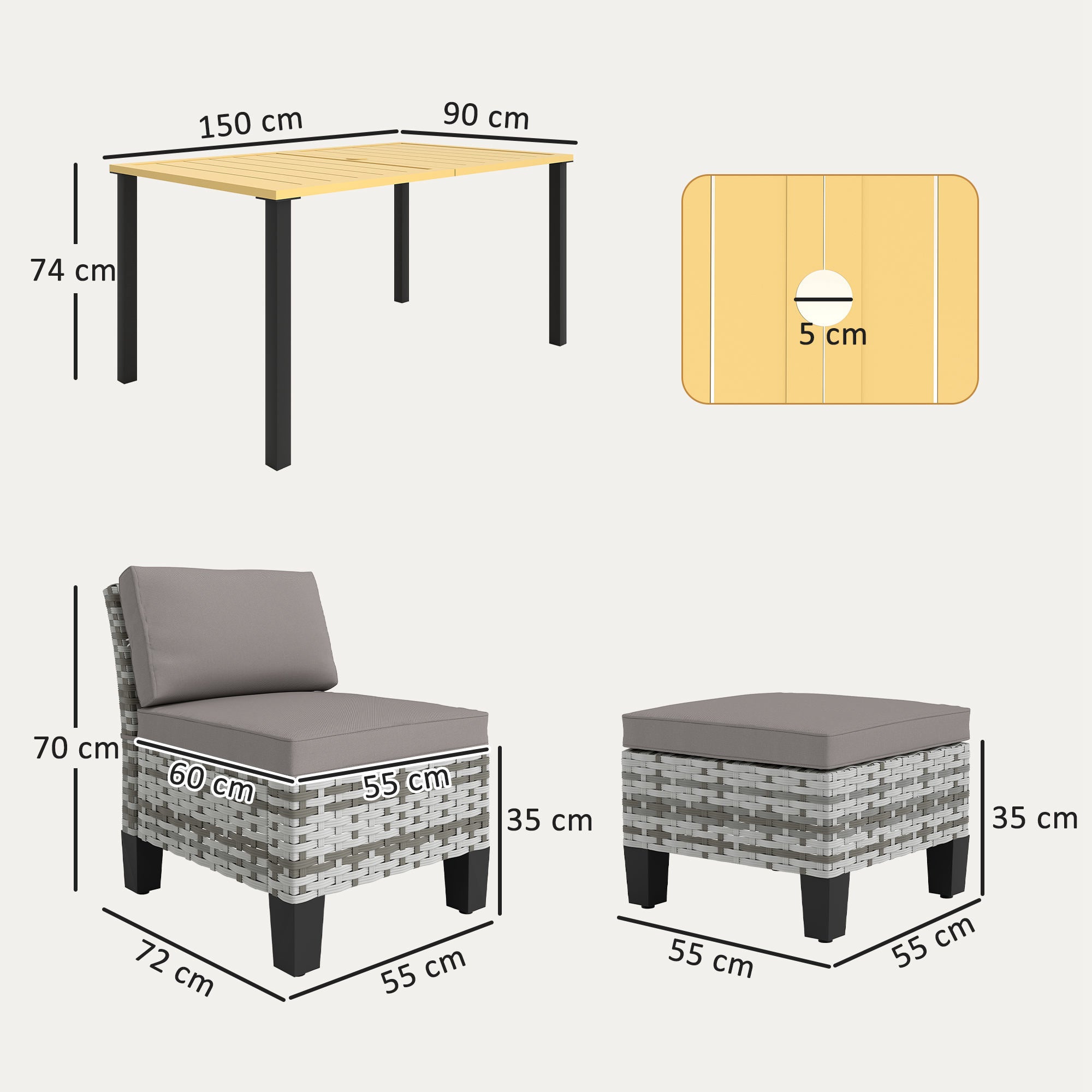 Outsunny 7-Piece Rattan Garden Dining Set, 6 Seater Wicker Garden Furniture Set with Seat and Back Cushions, Umbrella Hole, Patio Table and Chairs with Slatted Metal Top Table for Balcony, Grey - North Peak Garden Furniture