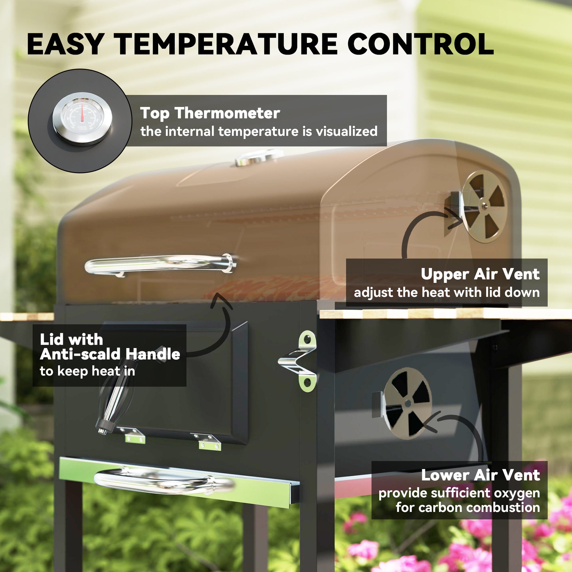 Outsunny Charcoal BBQ Grill with Height Adjustable Charcoal Pan, Portable Barbecue Smoker with Warming Rack, 3 Shelves, Temperature Gauge, Wheels, Bottle Opener for Outdoor Cooking Garden Party - North Peak Garden Furniture