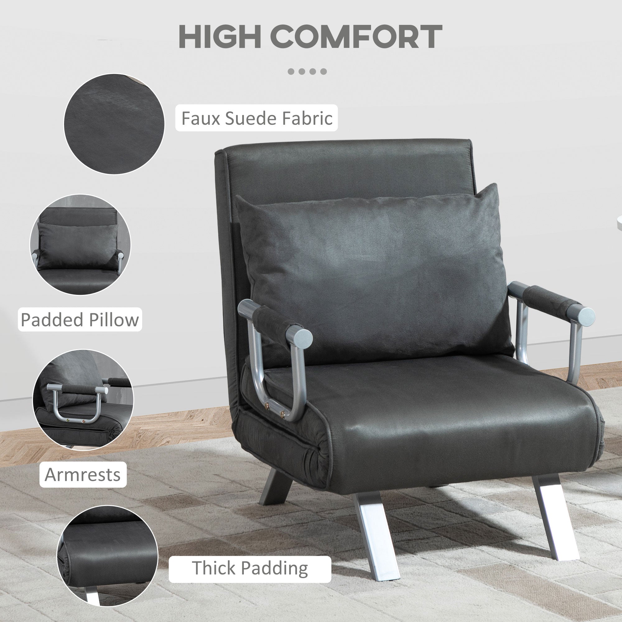 HOMCOM Modern 4-In-1 Single Sofa Bed Sleeper Foldable Portable Armchair Bed Chair Lounge Couch with Pillow for Living Room, Bedroom, Dark Grey - North Peak Garden Furniture