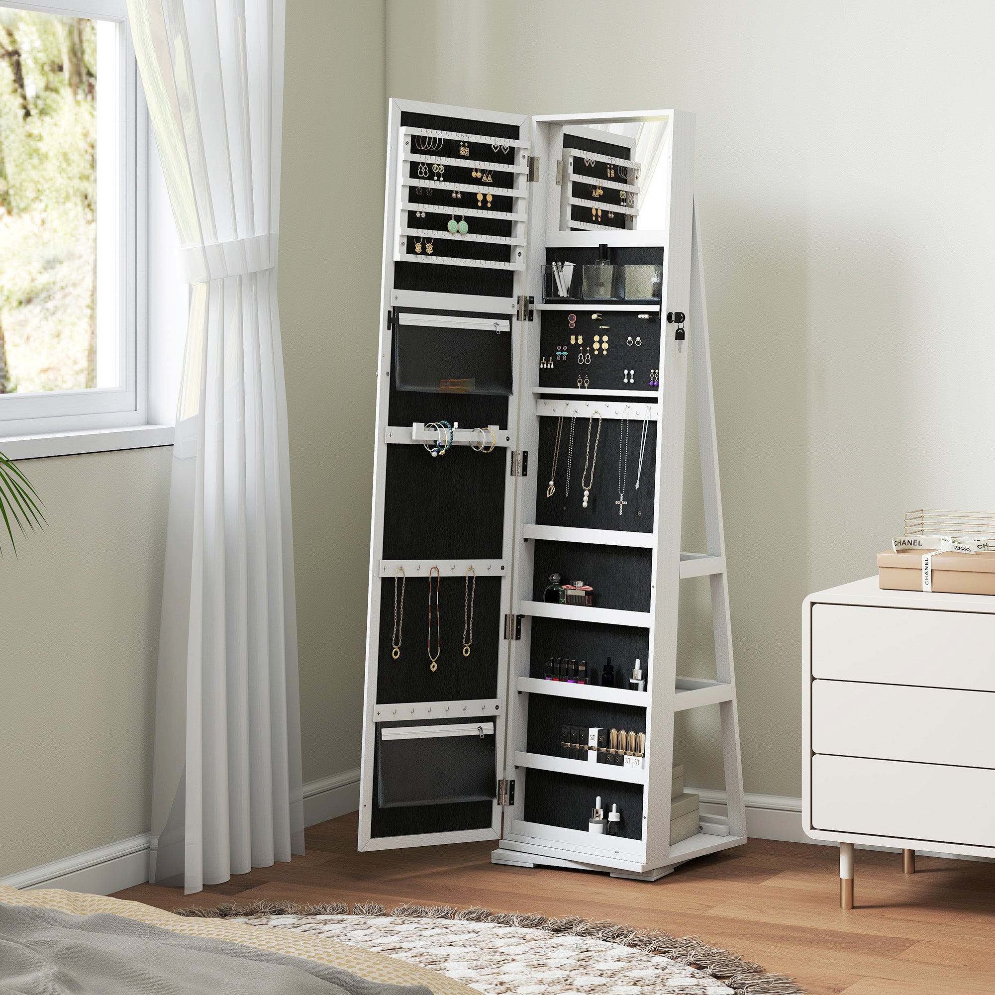 HOMCOM 360° Swivel Jewellery Cabinet, Mirror Armoire, Full Length Mirror, Lockable Jewellery Organizer with Built-In Small Mirror, White