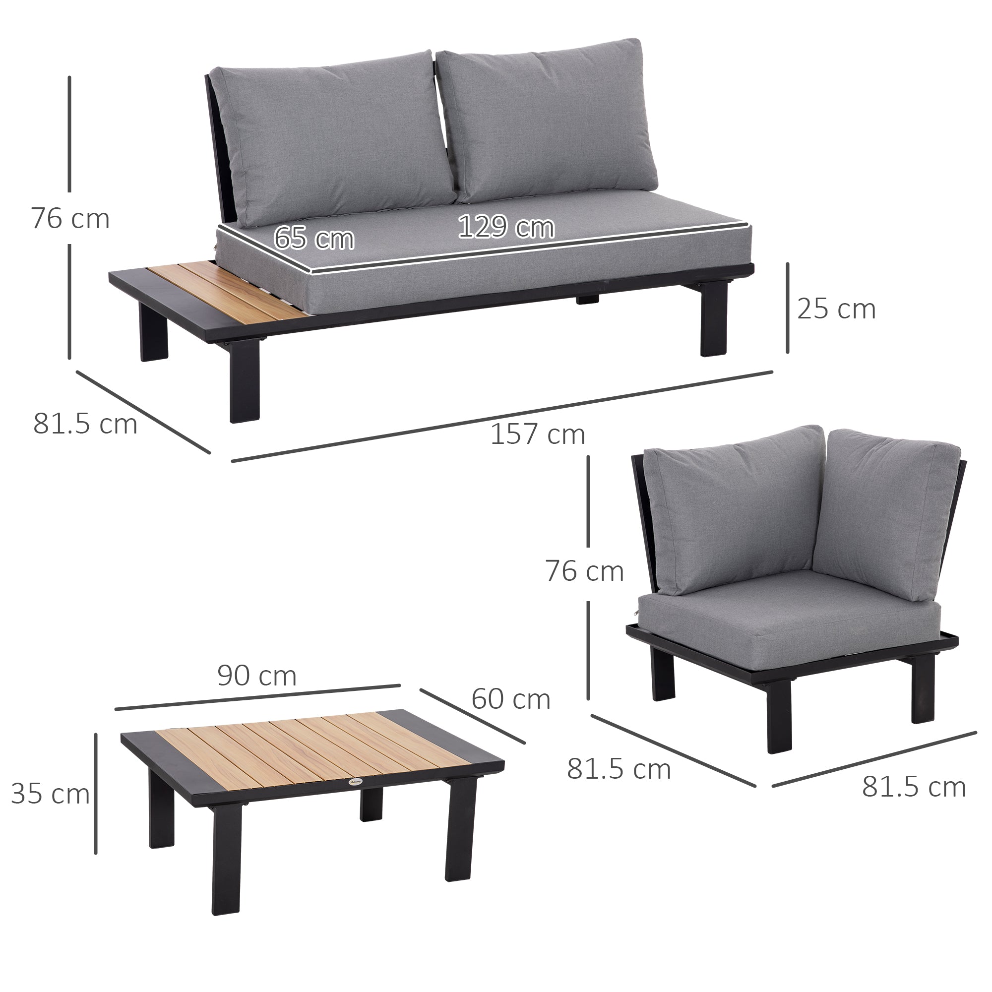 Outsunny 4 Pieces Aluminium Garden Furniture Set L Shape Sofa Set with Tables, Cushions for Indoor, Garden, Patio, Dark Grey - North Peak Garden Furniture