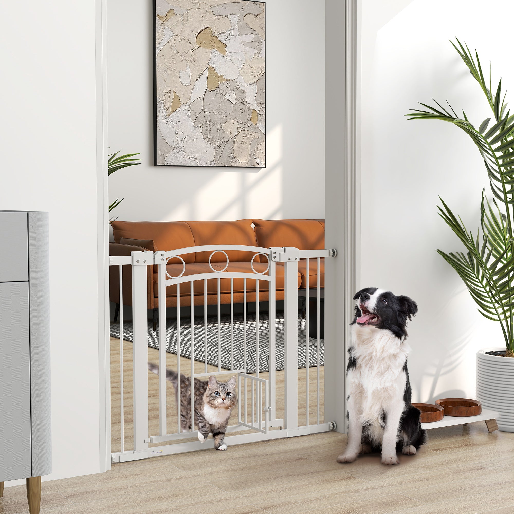 PawHut 77cm Tall Dog Gate with Cat Door, 7cm and 14cm Extensions, for Stairs, Doorways, 76-104cm Width - North Peak Garden Furniture