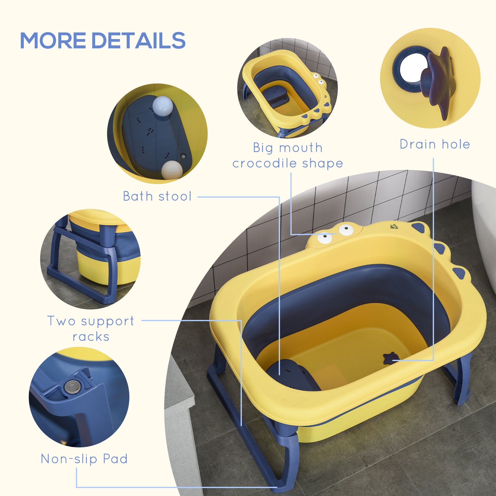 HOMCOM Baby Bathtub for 0-6 Years Collapsible Non-Slip Portable with Stool Seat for Newborns Infants Toddlers Kids - Yellow - North Peak Garden Furniture