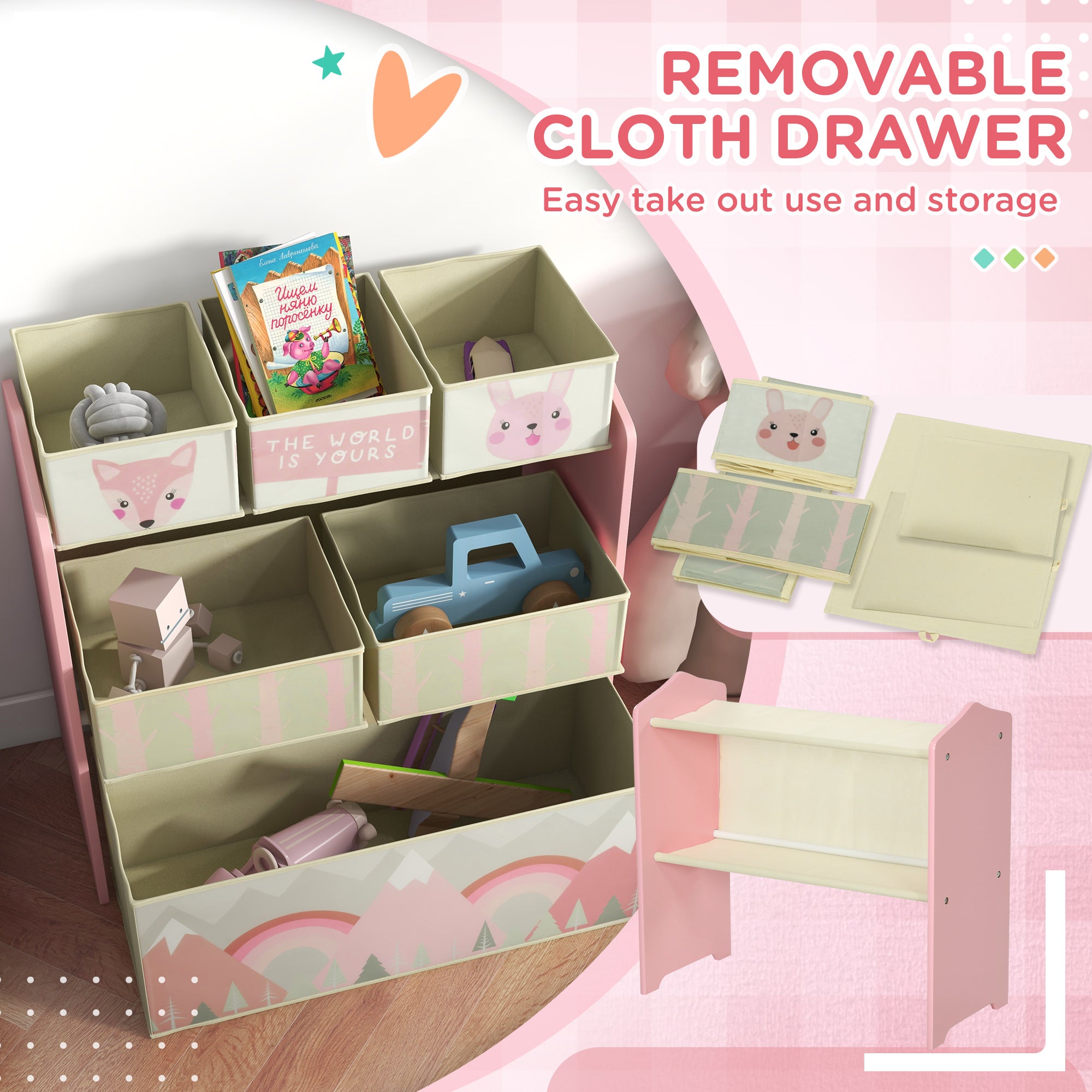 ZONEKIZ Kids Storage Unit, Toy Storage Organiser, with Six Fabric Bins, for Bedrooms, Playrooms, Nurseries - Pink - North Peak Garden Furniture